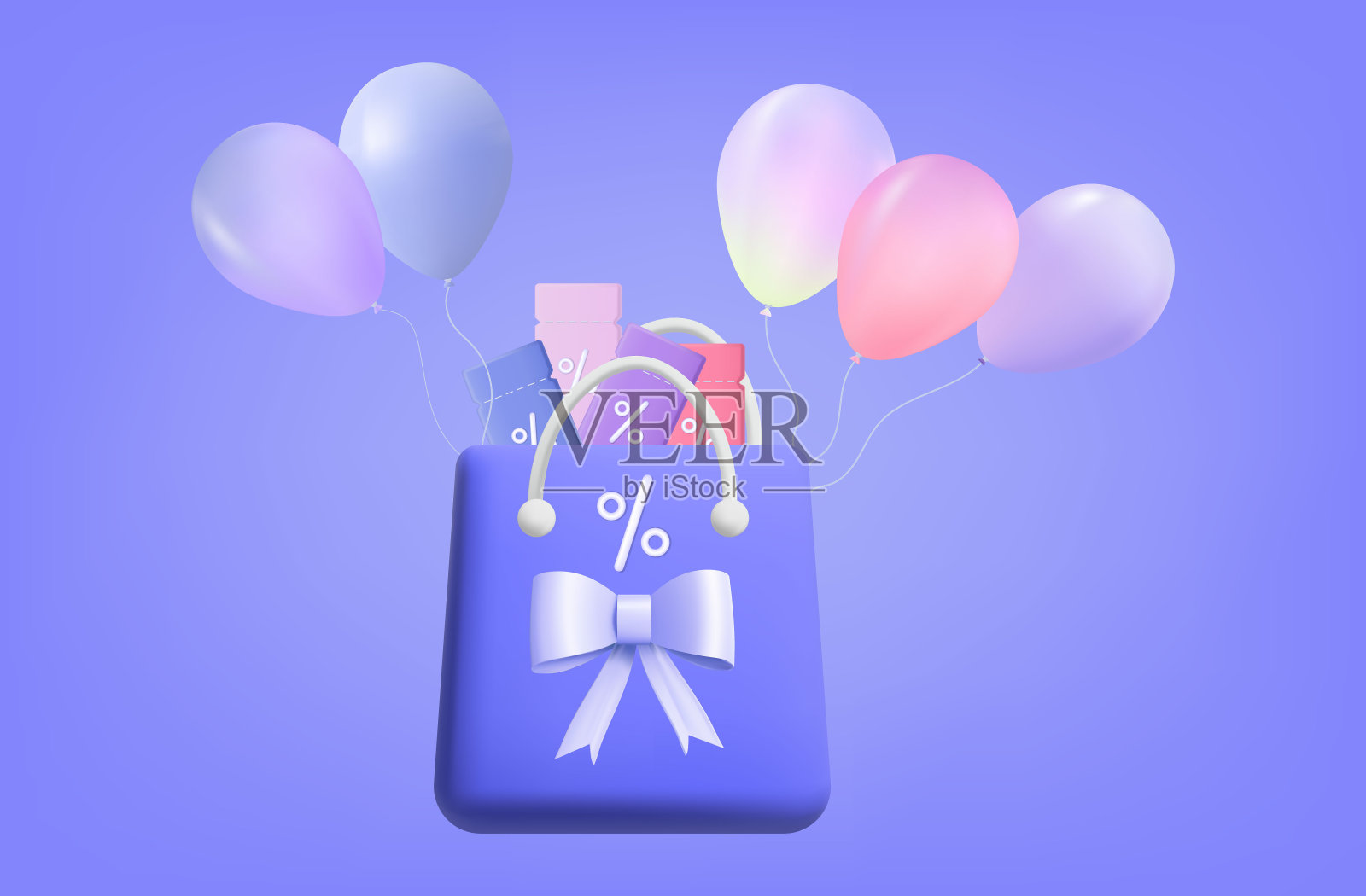 飞行袋图标3d。带着气球的优惠券和代金券正在飞起来。送货优惠，利率低。代金券，丰厚的奖金，购物袋里的礼券。向量。插画图片素材