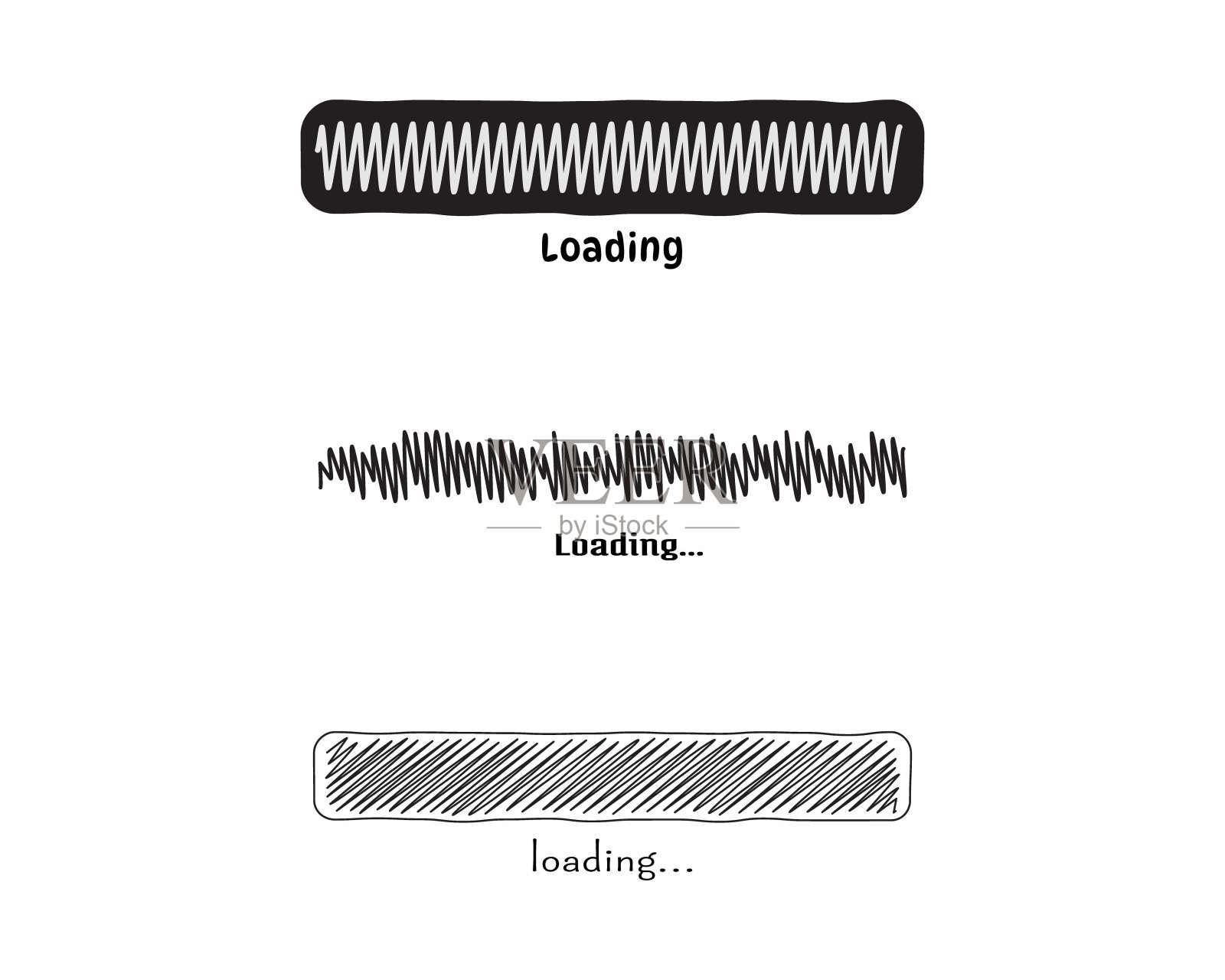 收藏加载栏状态图标。矢量插图。一组矢量加载图标。下载进度。下载或上传。手绘sketch-scribble。插画图片素材