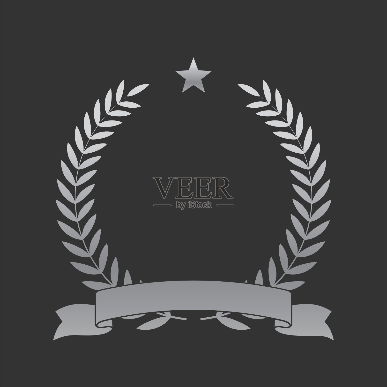 现实银月桂花环丝带和星星。高级徽章，黑色背景上的传统胜利标志。凯旋，胜利海报，横幅布局，闪亮的框架，边框插画图片素材