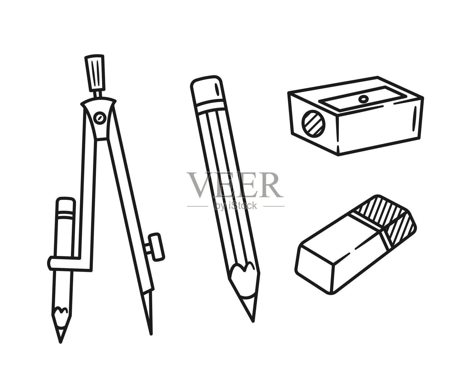 采购产品手绘学校文具项目铅笔，橡皮擦，指南针和卷笔刀。黑白矢量插图插画图片素材