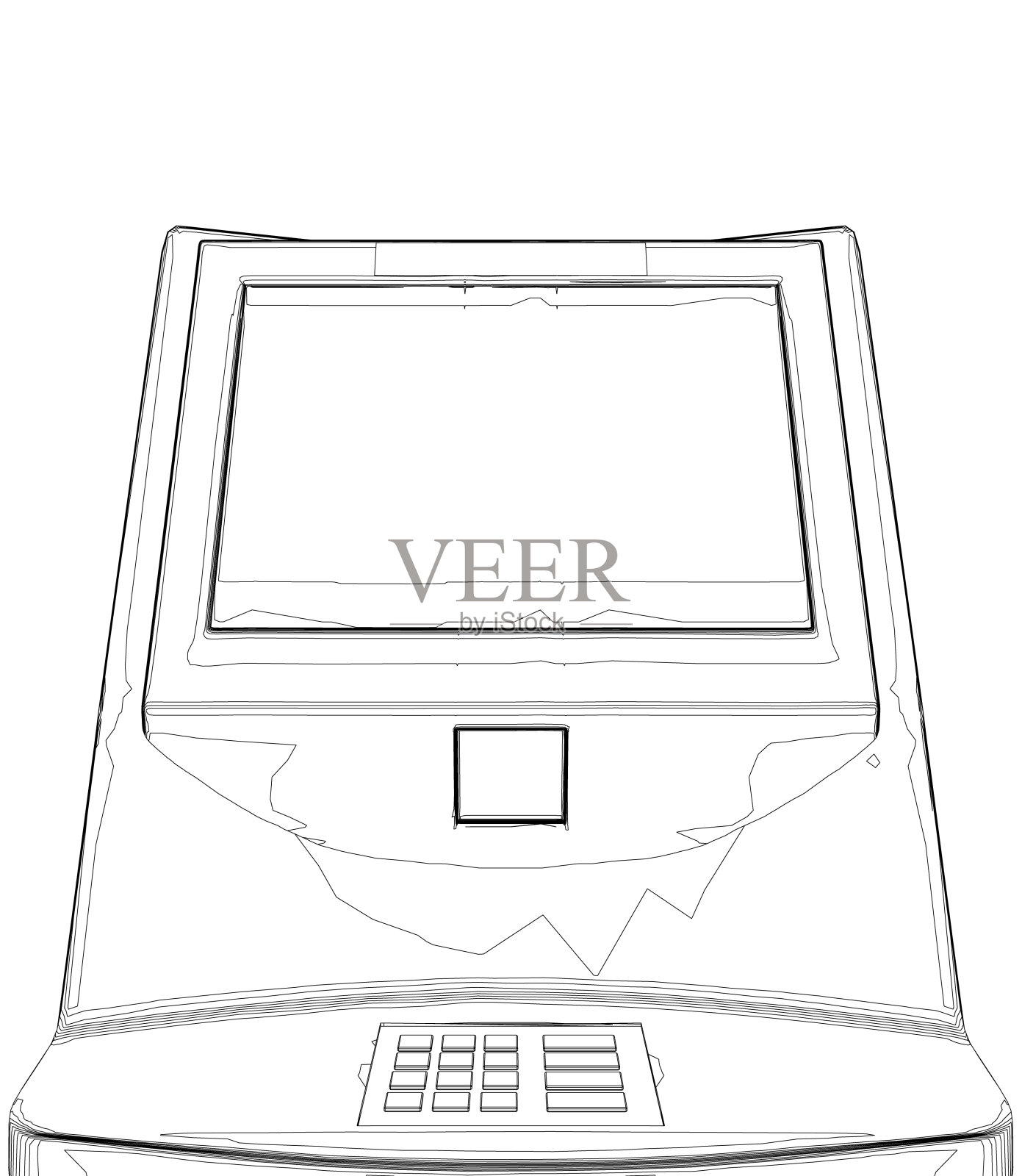 轮廓自动取款机显示。银行终端机用于交易、取款和存入账户。矢量插图的提款机大纲与复制空间为您的文字。插画图片素材