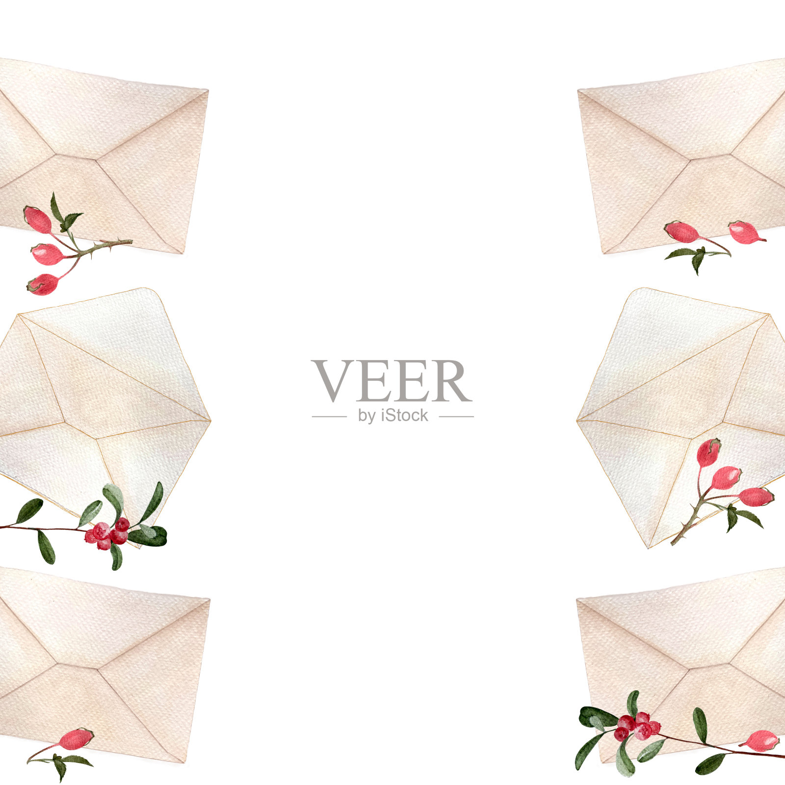 信封封闭和开放，与玫瑰果水彩垂直框架隔离在白色。手绘艺术。简单的平面风格插图固定设计，卡片，笔记本，纺织品，包装设计插画图片素材