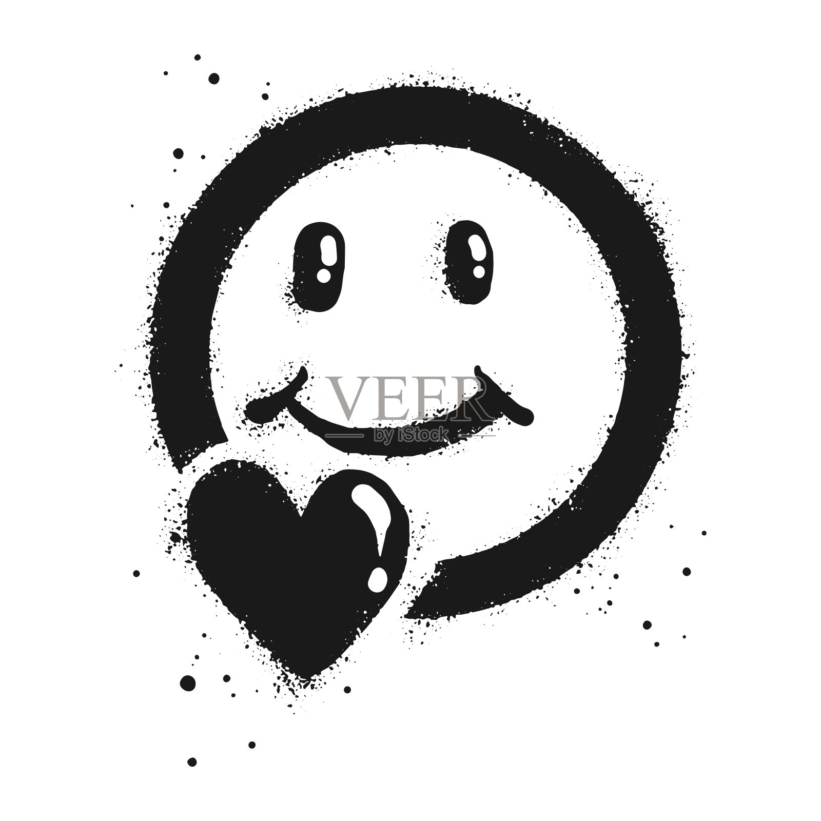 笑脸表情字符。喷漆涂鸦微笑的脸在黑色的爱在白色。孤立在白色背景上。矢量图插画图片素材