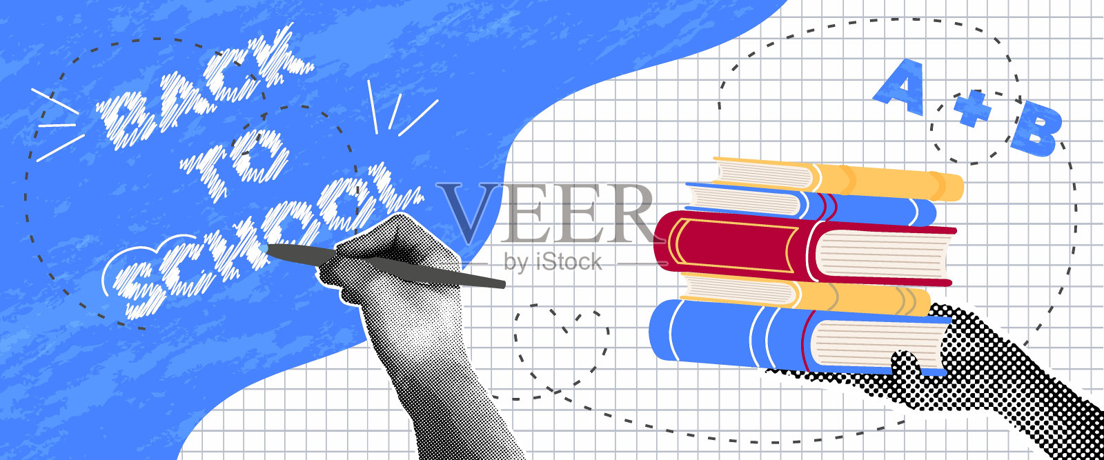 回到学校横幅。新潮的半色调拼贴画，手里拿着书，题词，方格背景上的涂鸦。概念学习，知识学习。插画图片素材
