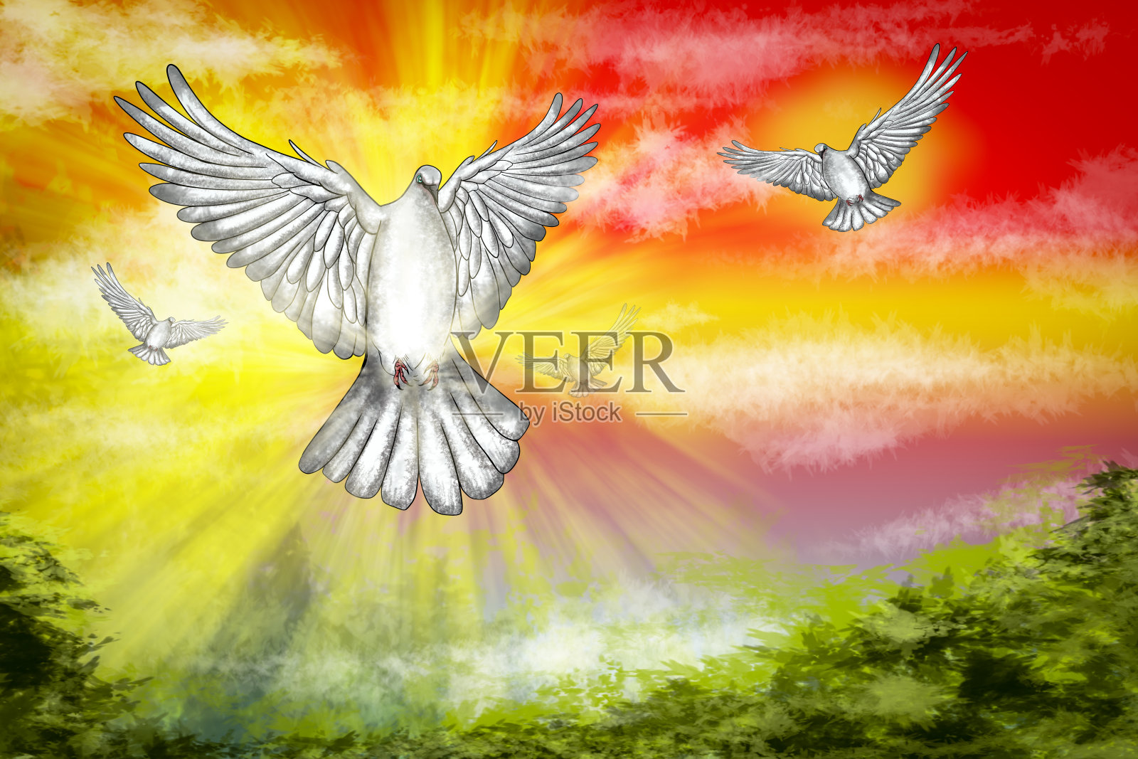 白鸽在五彩缤纷的天空中飞翔，象征着希望与和平插画图片素材