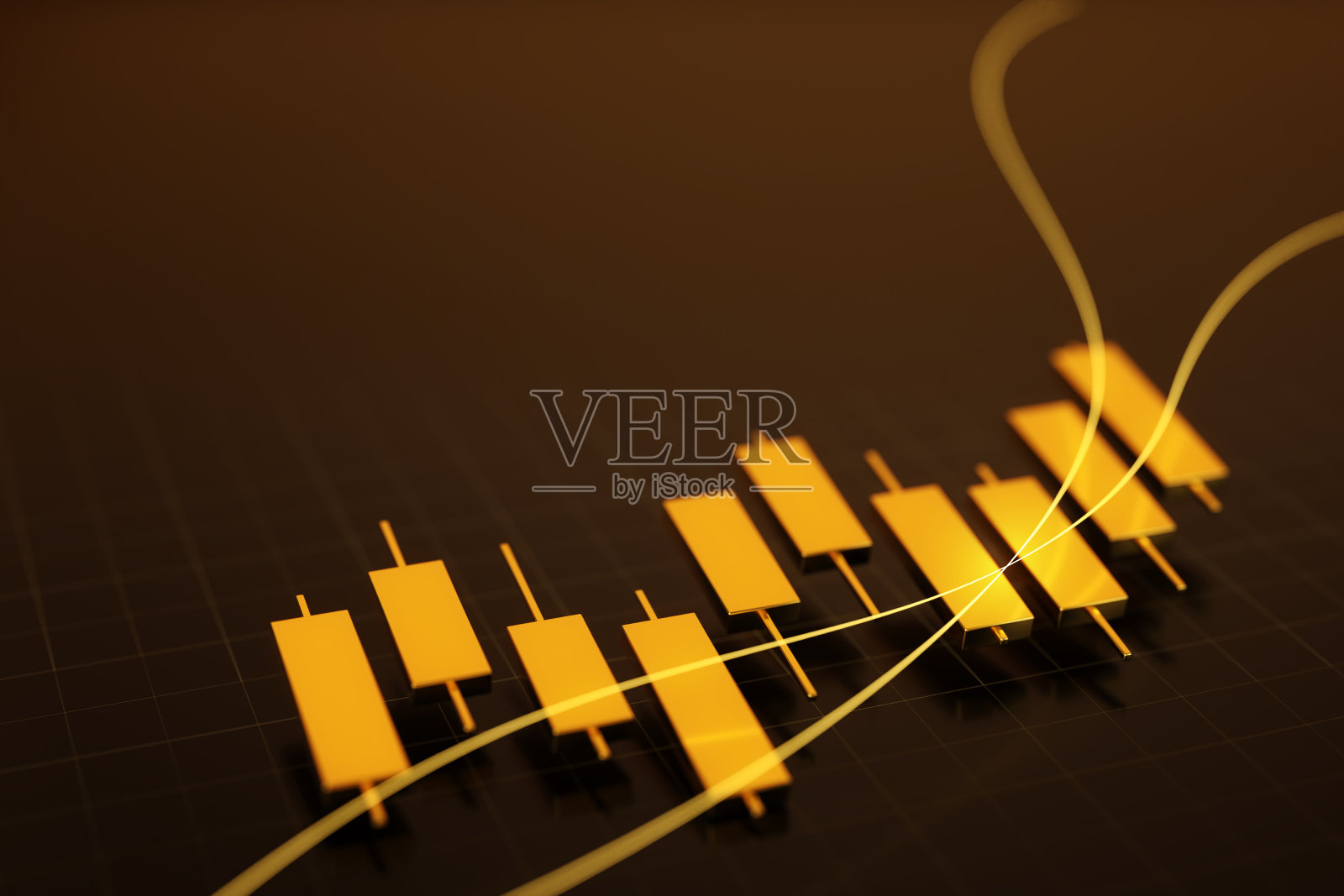 3D渲染的黄金图表和黑底金币，错综复杂地融入场景，象征着财富的丰富和投资的成功。照片摄影图片