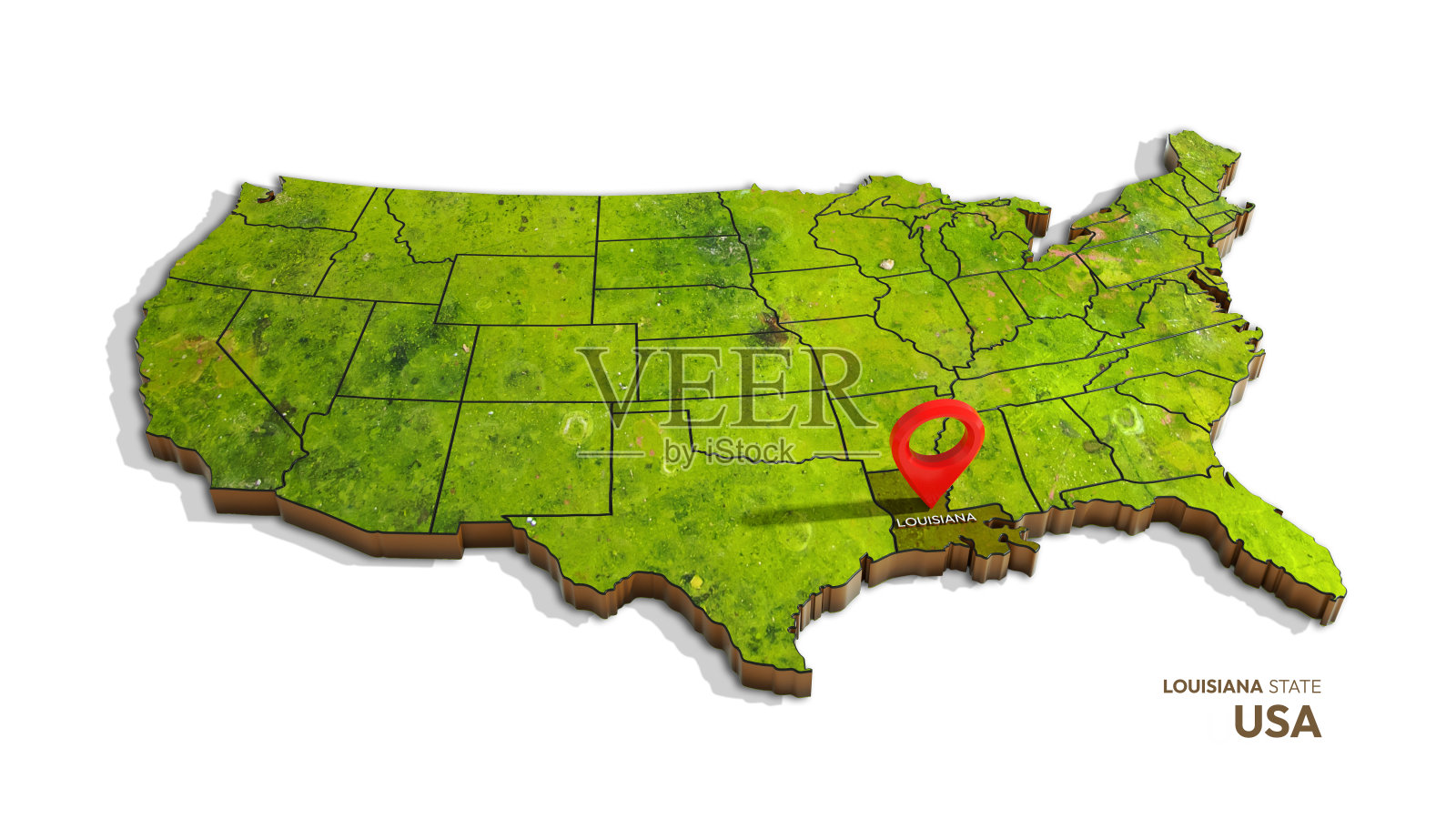 美国地图的3D渲染，突出显示路易斯安那州孤立在白色背景上照片摄影图片