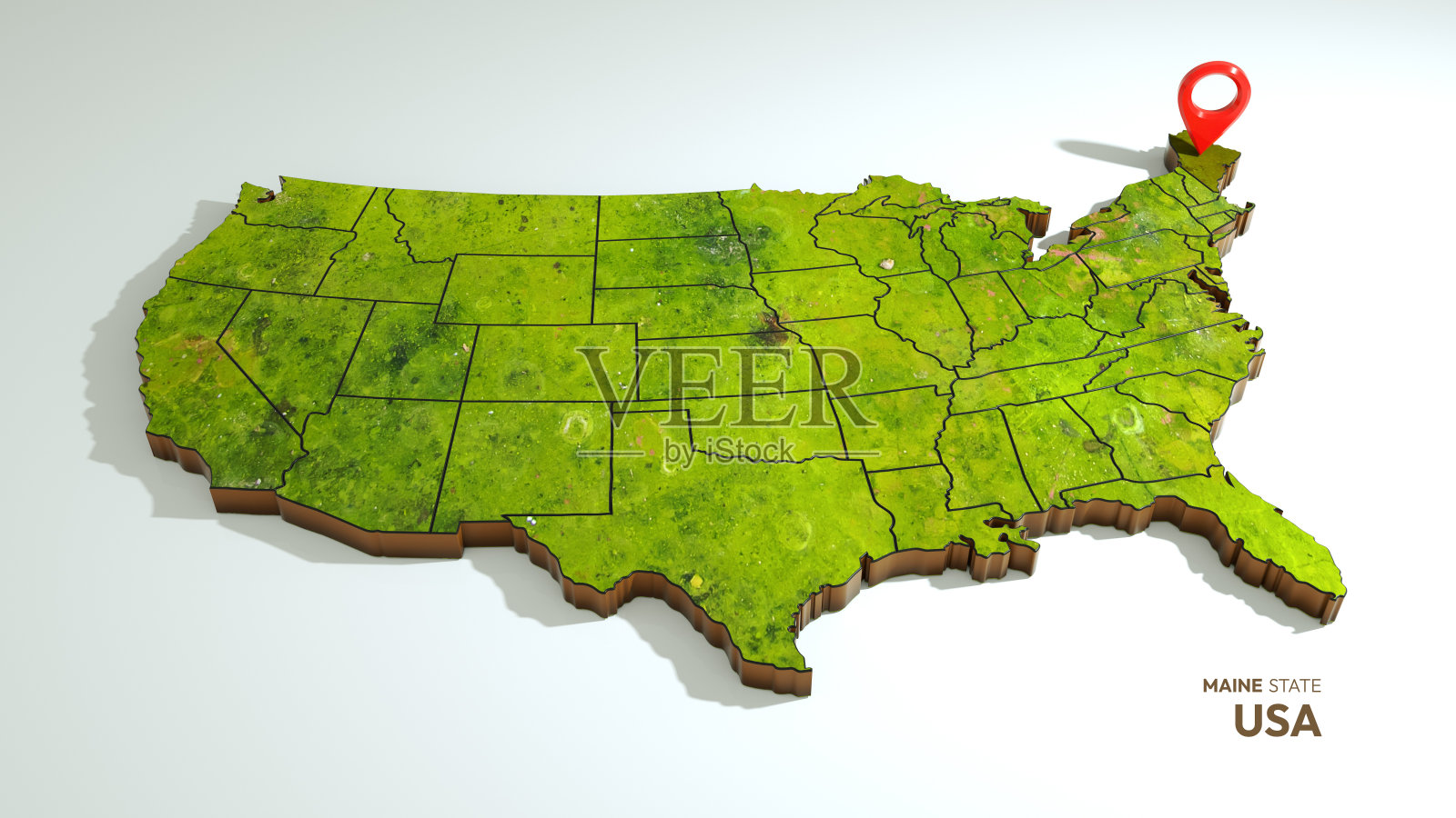 美国地图的3D渲染，突出缅因州孤立在白色背景上照片摄影图片