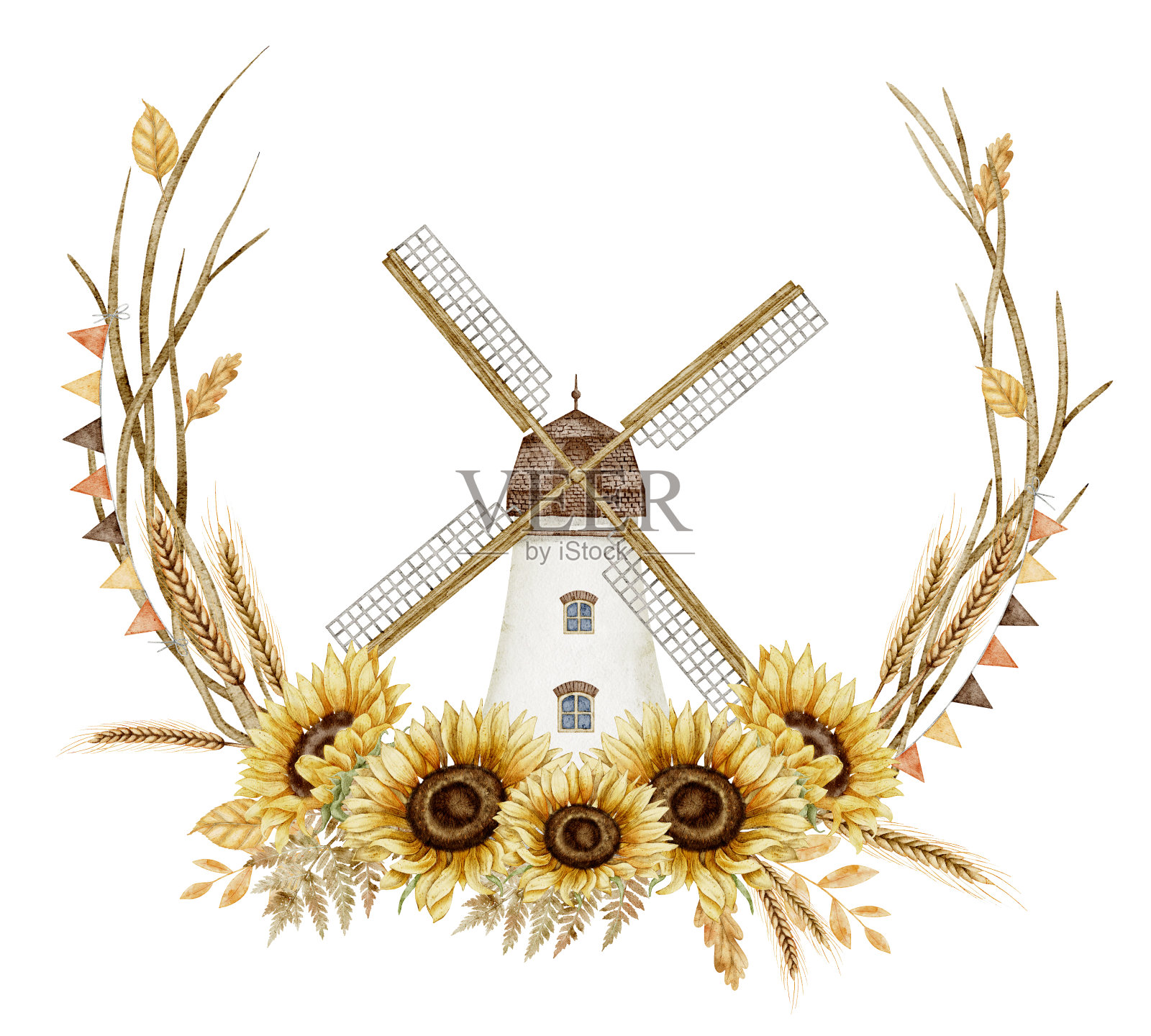 水彩风车与向日葵花卉边界插图。用秋天的花朵、风车和秋天的树枝绘制丰收的节日贺卡或婚礼请柬。秋天组成插画图片素材