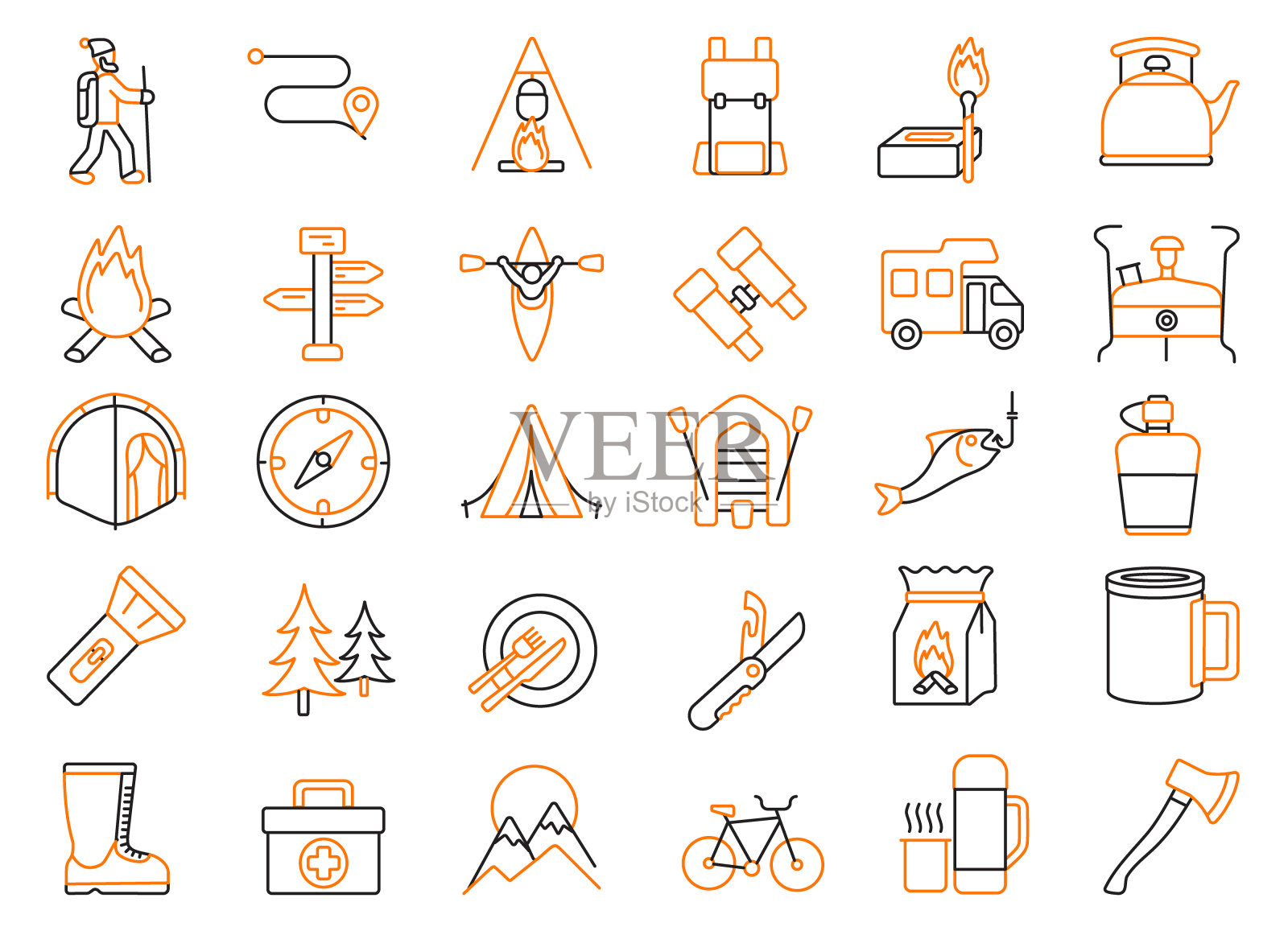 徒步旅行和野营图标集与户外必需品，可编辑的笔画，矢量插图插画图片素材