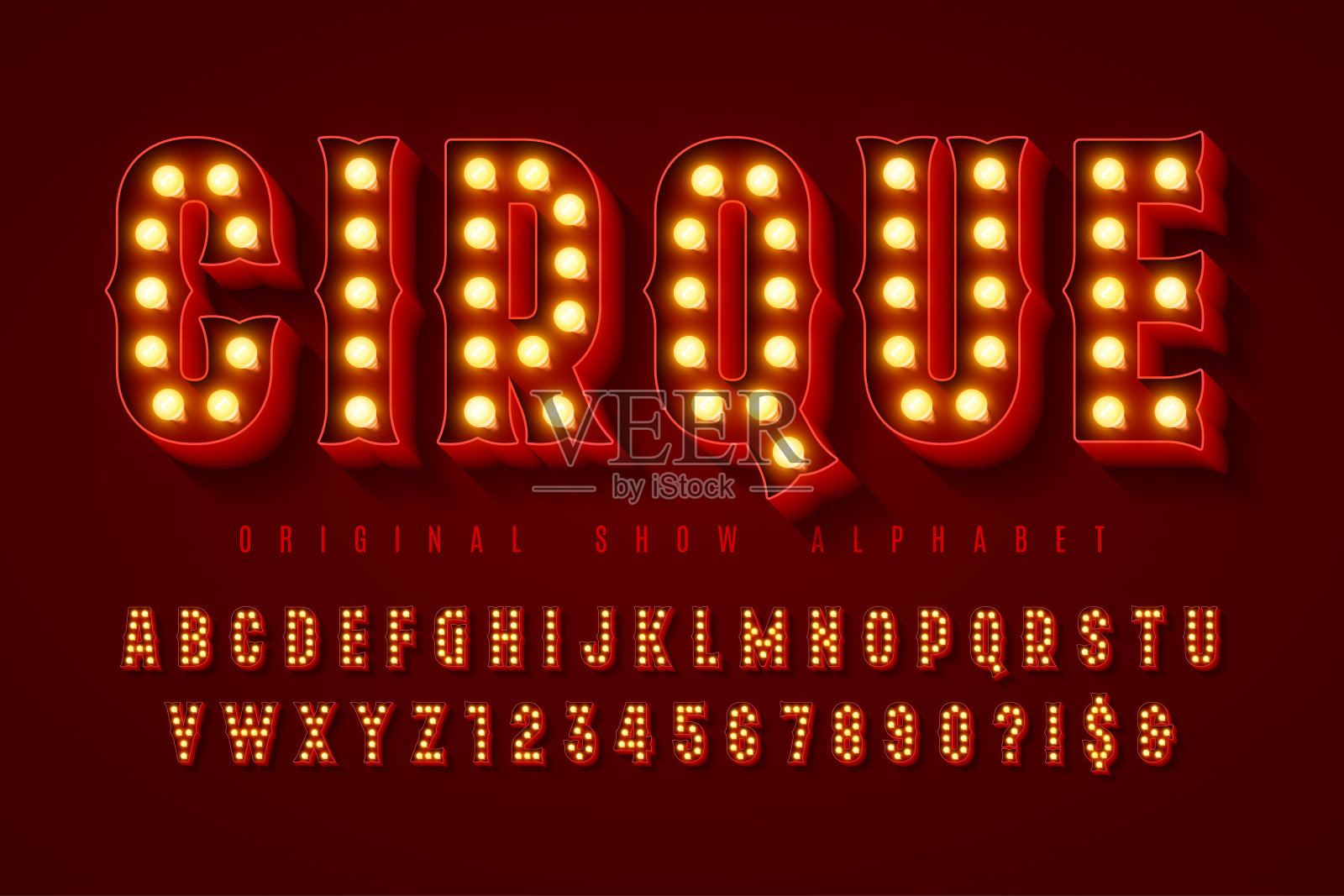 复古的马戏团字母设计，歌舞表演，童话LED灯字母和数字。插画图片素材