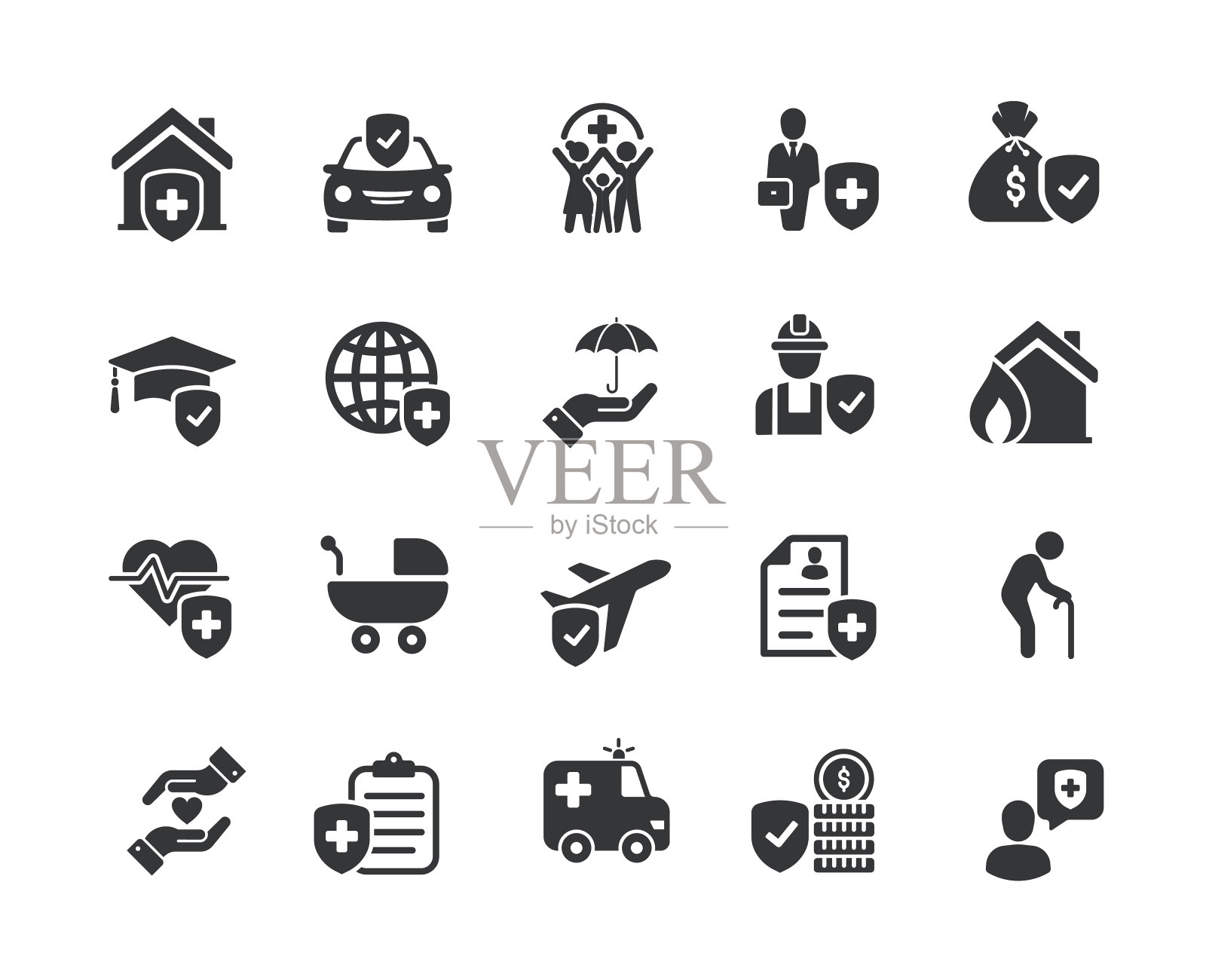 保险实体图标集合。内含健康、教育、商业保险、员工、福利等立体图标集合。矢量插图。网站设计、logo、app、模板、ui等。插画图片素材