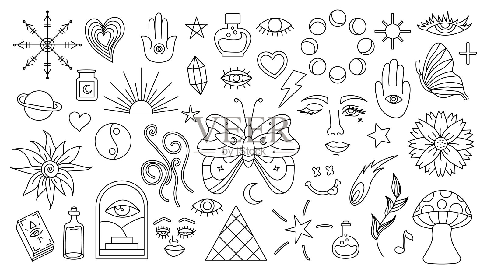 魔术背景复古风格与手绘元素。装饰神秘向量孤立的图案。可编辑的笔画贴纸。极简主义中的深奥元素。收藏神秘符号纹身艺术插画图片素材