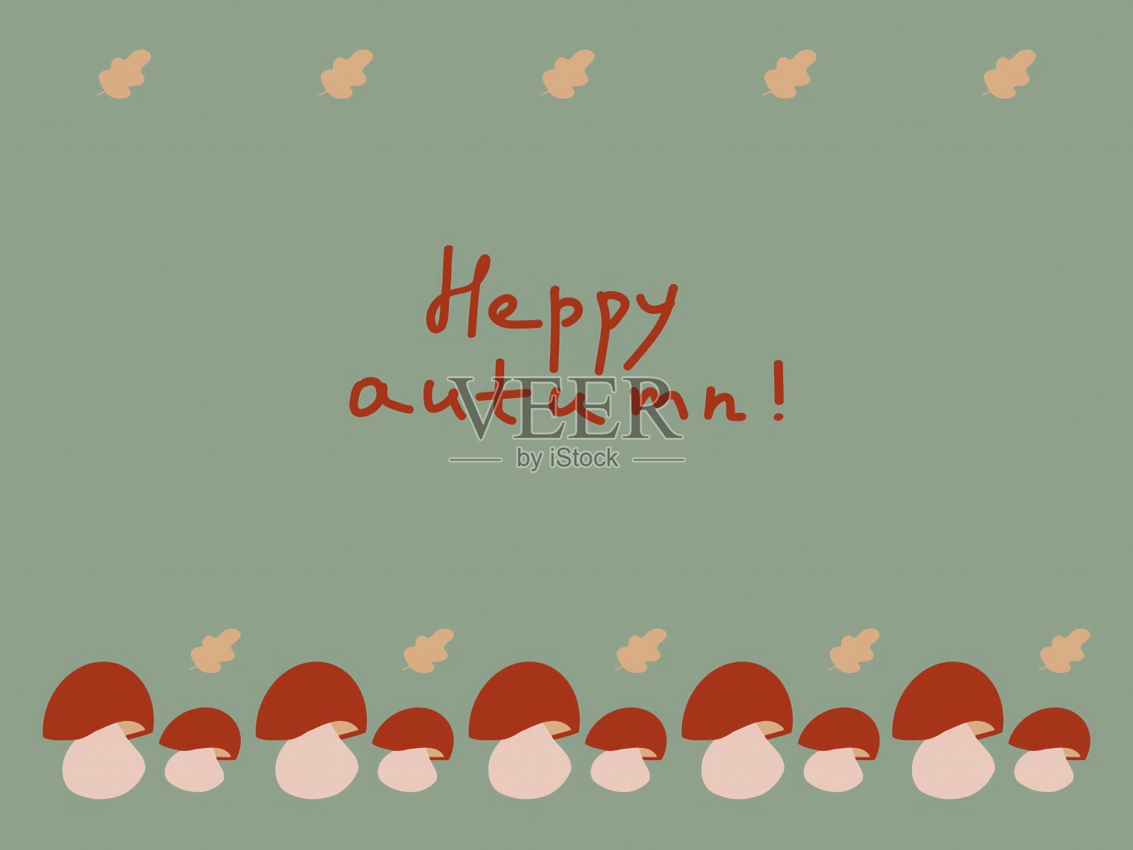 绿色背景上的蘑菇和云，祝你秋天快乐插画图片素材