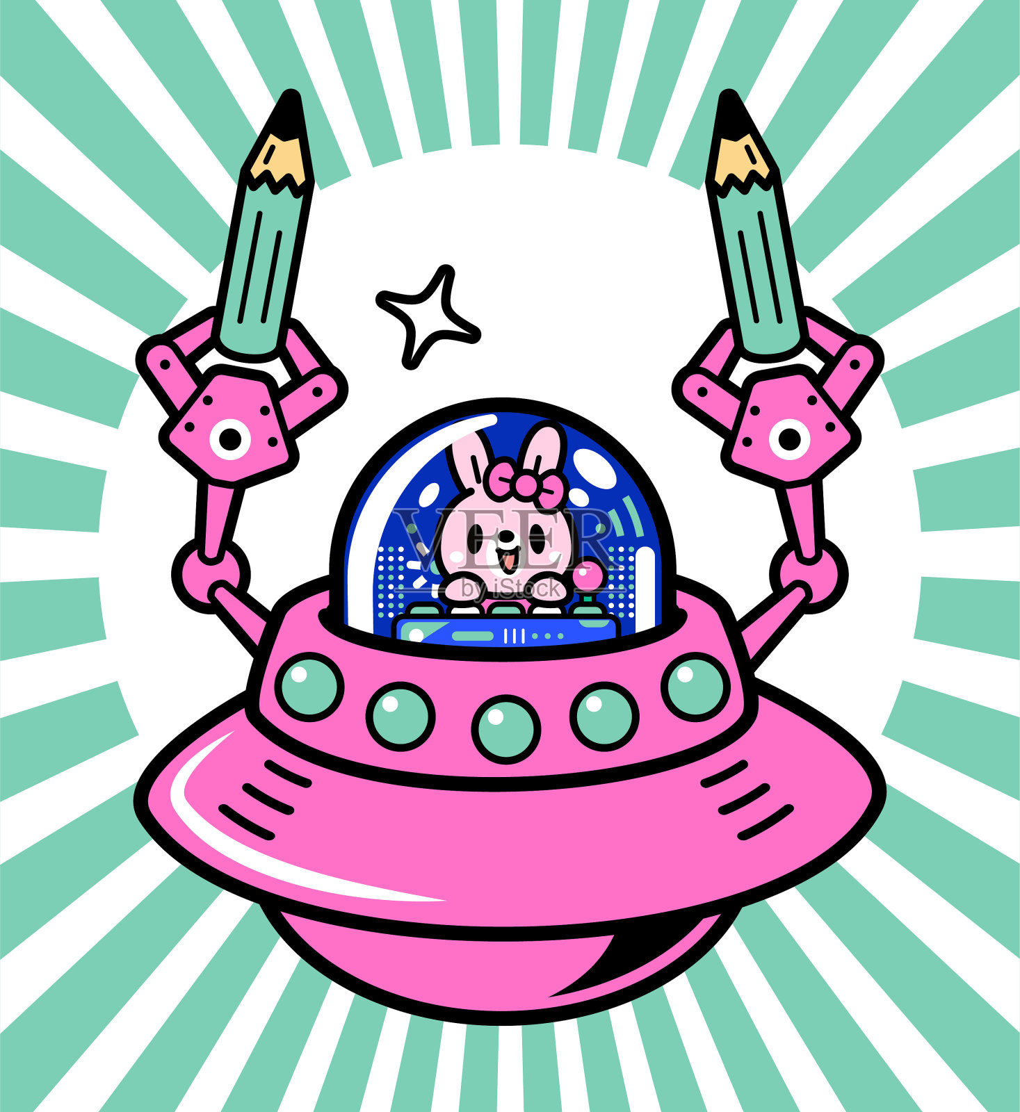 可爱的兔子驾驶不明飞行物或无限动力宇宙飞船进入元宇宙，用机械臂拿着创意铅笔插画图片素材