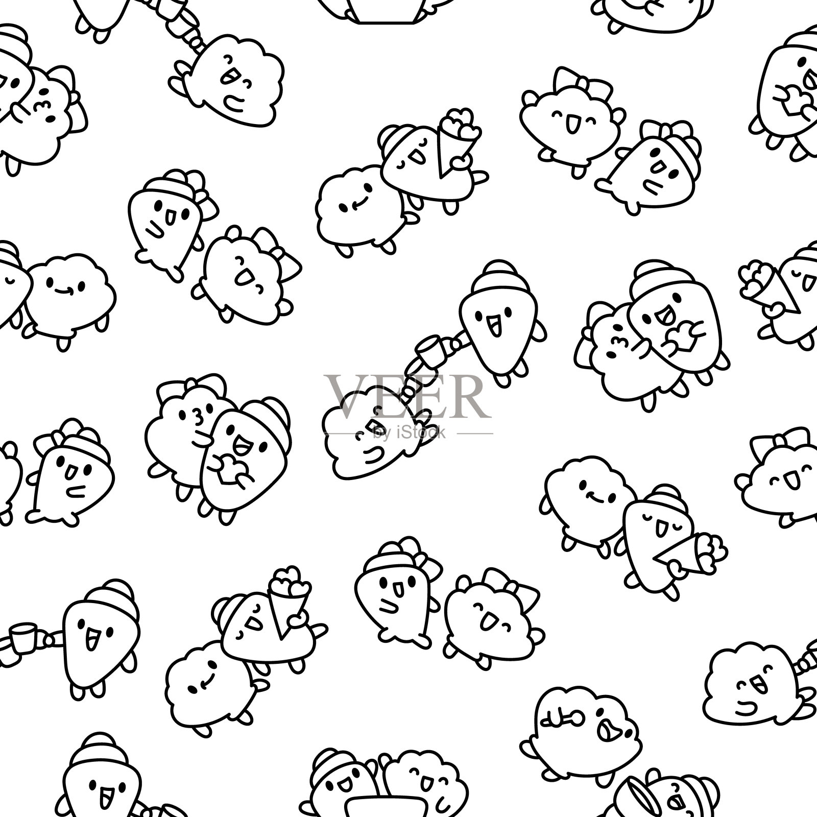 一对有趣的贝壳卡通人物。无缝模式。着色页面。可爱的卡哇伊海朋友。手绘风格。矢量图。设计的饰品。插画图片素材