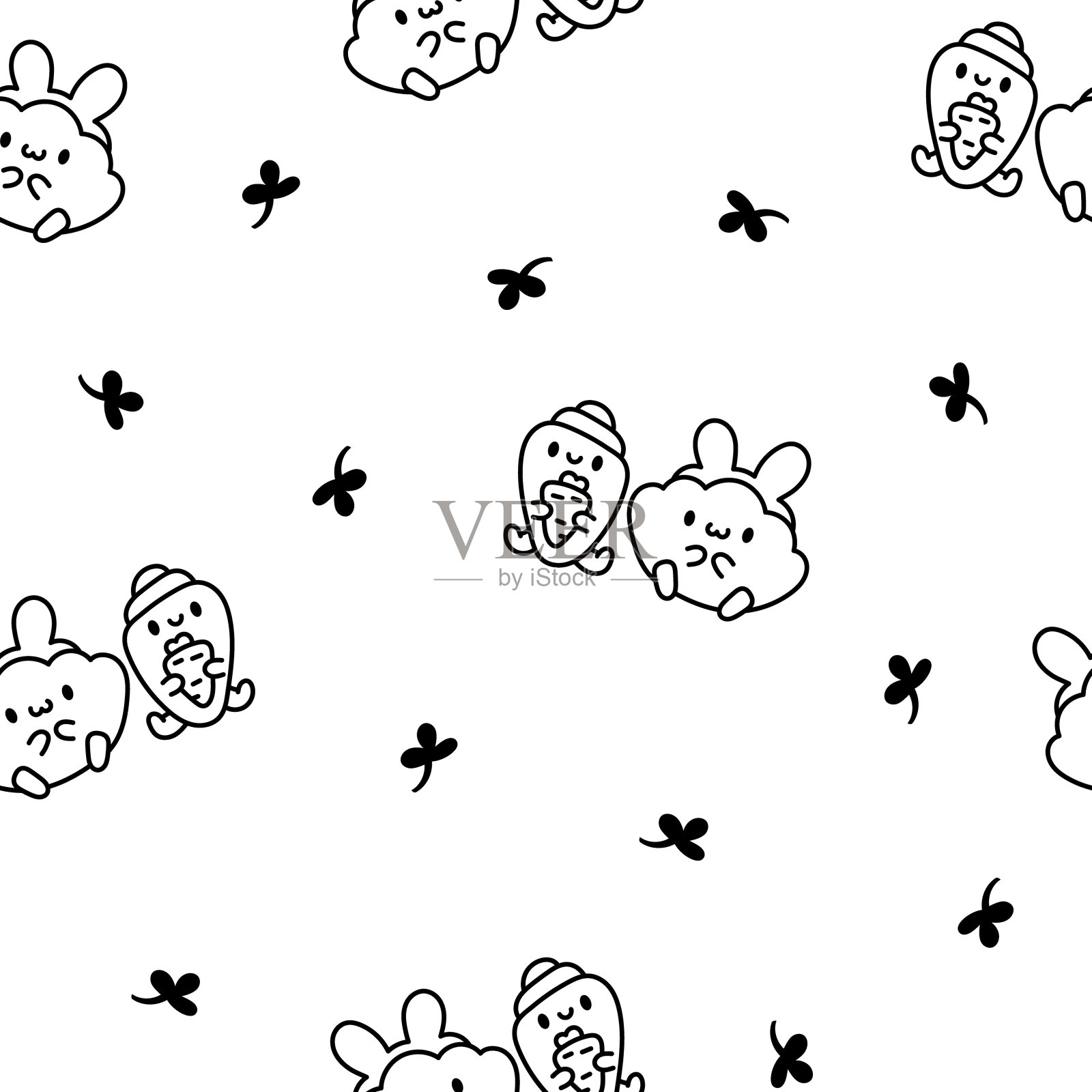 一对有趣的贝壳卡通人物。无缝模式。着色页面。可爱的卡哇伊海朋友。手绘风格。矢量图。设计的饰品。插画图片素材