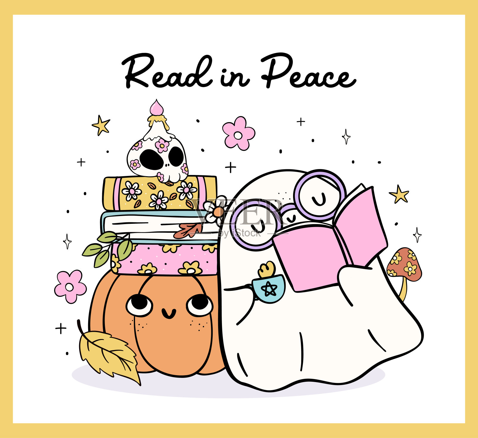 Groovy阅读鬼与咖啡万圣节书香新潮复古书爱好者粉彩卡通涂鸦插画图片素材