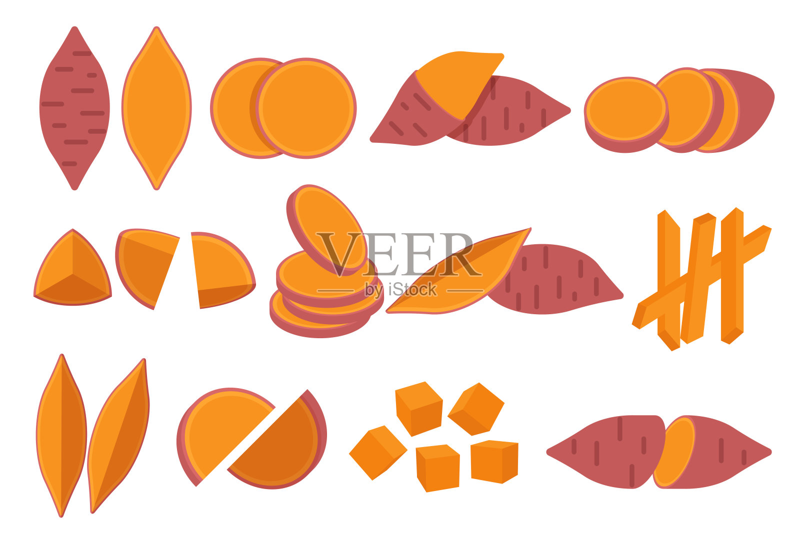 一套红薯，农场新鲜红薯产品标志杂货店，幻灯片，长和横截面，和不同的位置，简单的平面矢量说明蔬菜和水果。插画图片素材