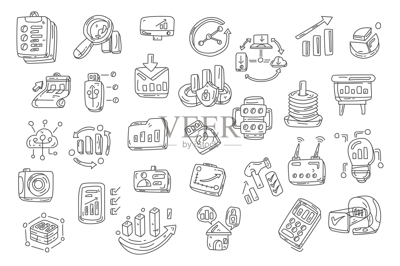 手绘涂鸦业务分析图标集。数据分析，信息图与图表和图形，营销图标插画图片素材