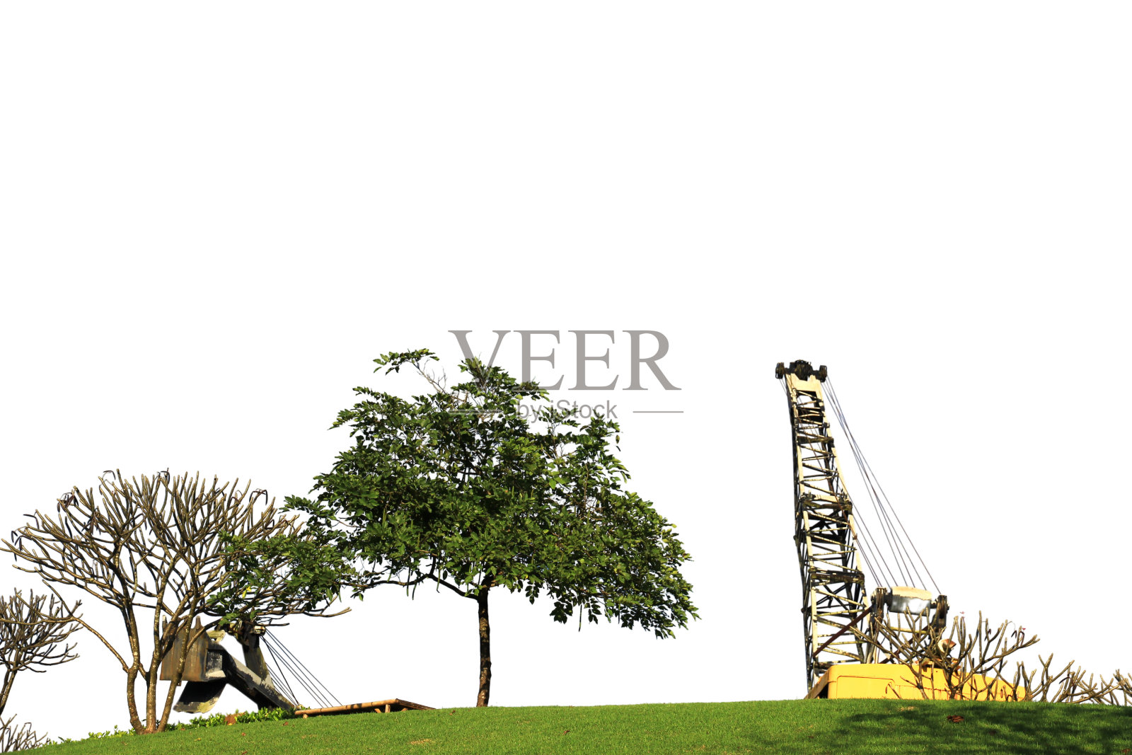 自然公园的全景，水，山和大树孤立在白色的背景。照片摄影图片