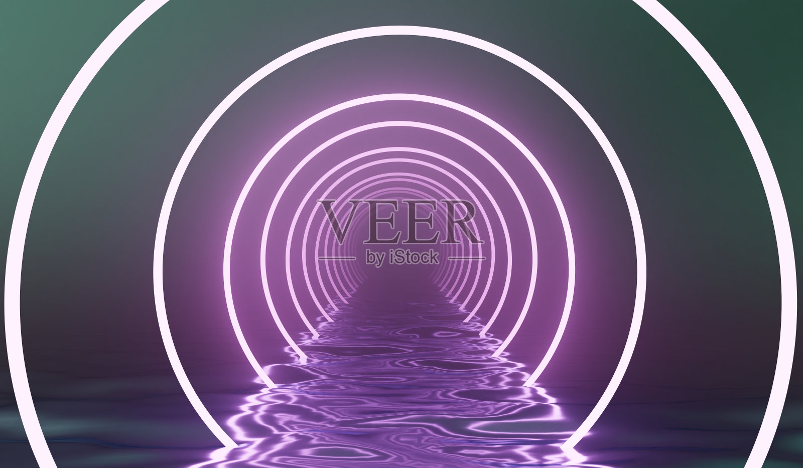 水面霓虹灯圈、发光走道、泳池展厅、科技、平台、产品展示、现代海景、科技、未来、科幻、3D插画照片摄影图片