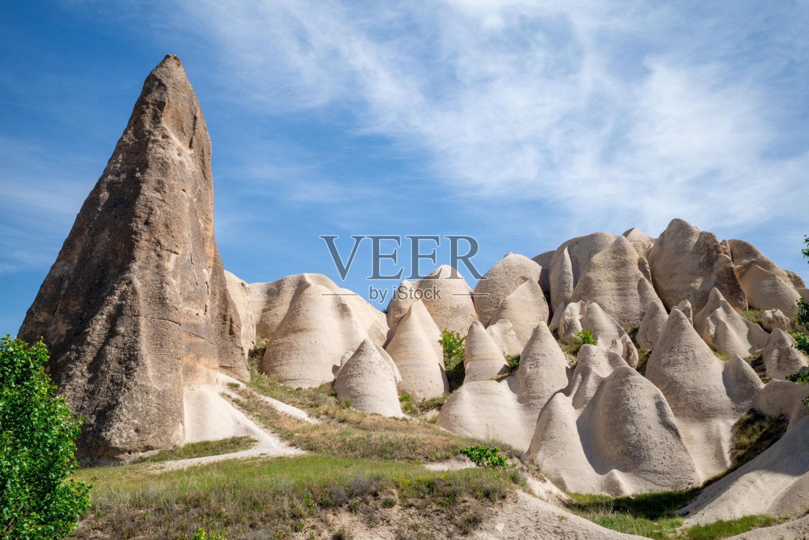 在晴朗的蓝天下独特的岩层，土耳其卡帕多西亚照片摄影图片