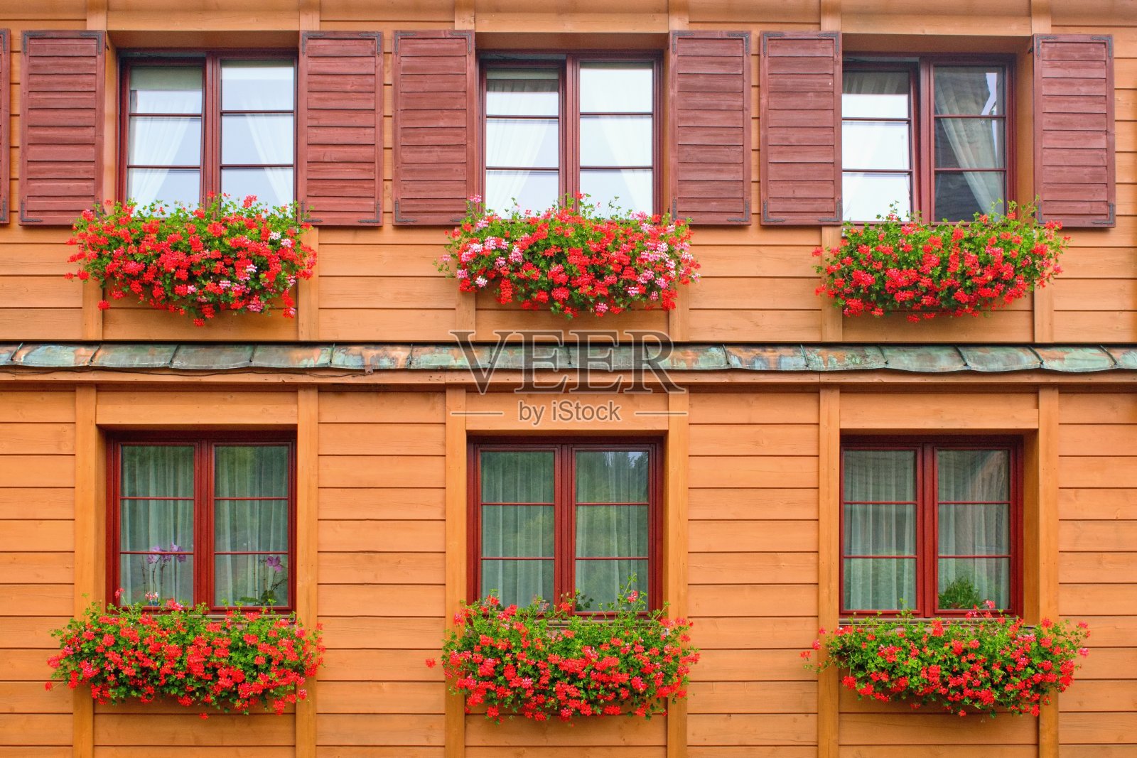 木屋，窗户上挂着天竺葵照片摄影图片
