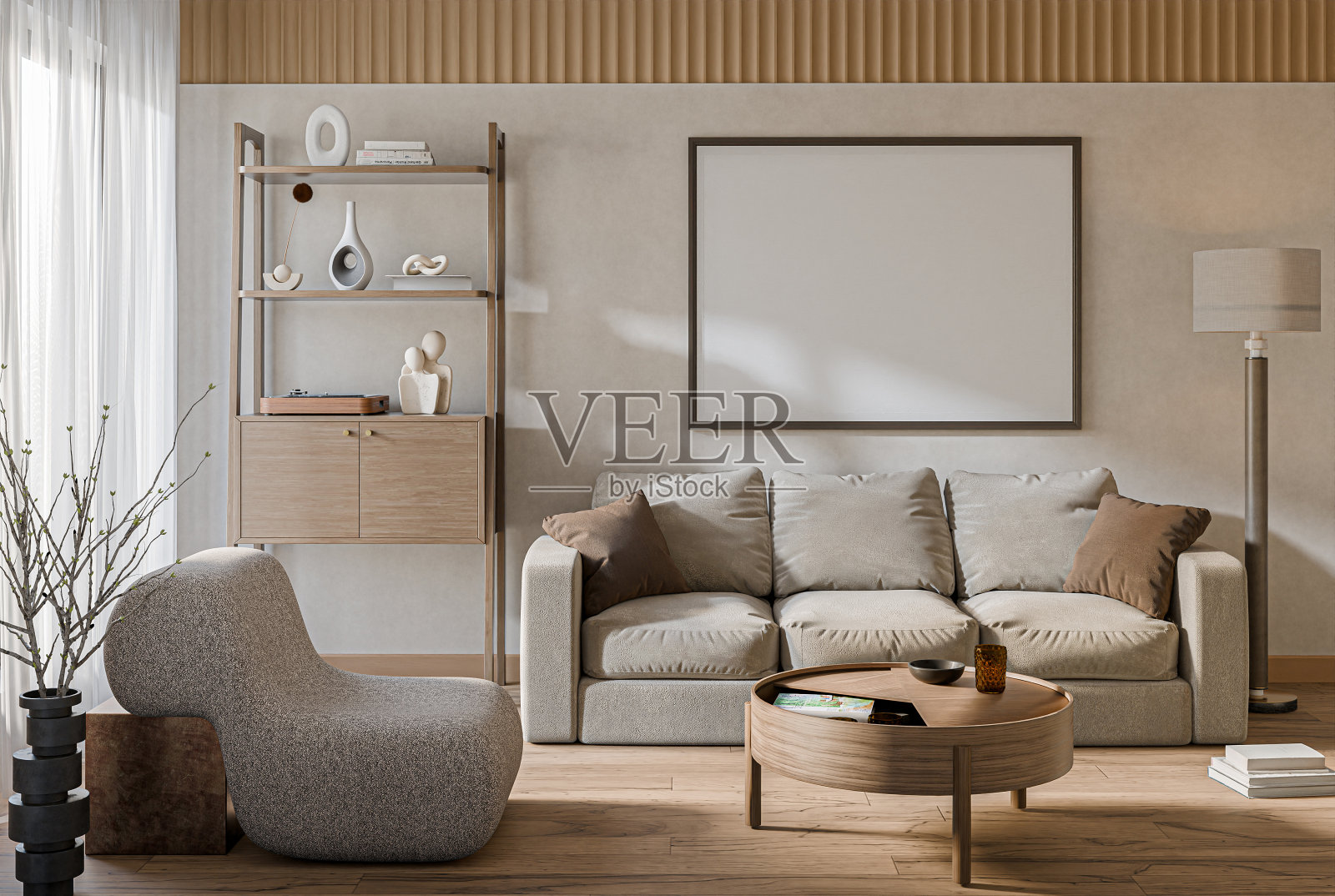 客厅的室内设计以柔和的中性色调为主。室内模型，3d渲染照片摄影图片
