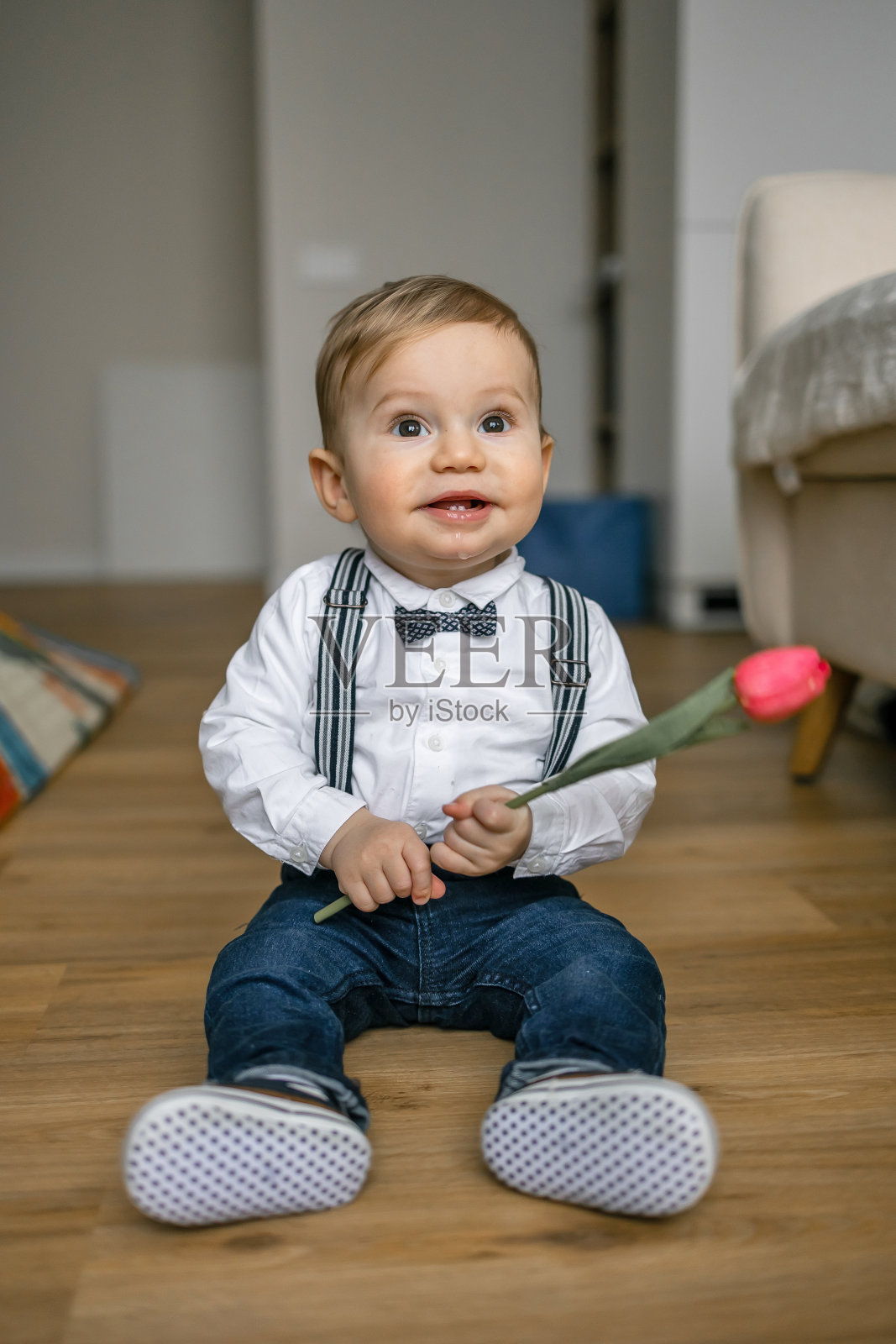 穿着正式服装的可爱幼儿在室内拿着一朵粉红色的花照片摄影图片