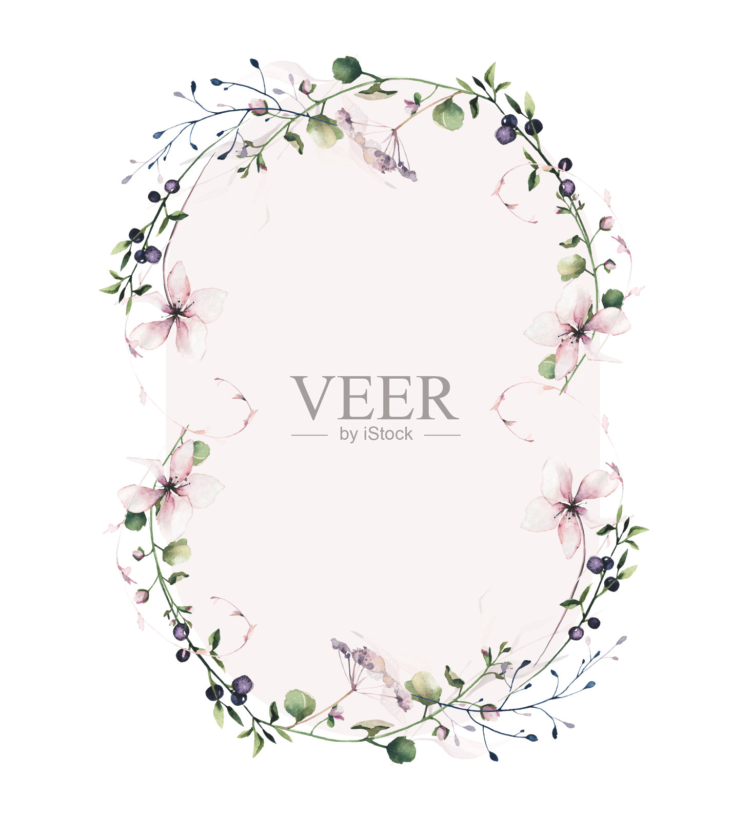 水彩花椭圆形花环框架。粉红色的花，蓝色的，绿色的野草地和沼泽的小枝，苔藓枝叶子插画图片素材