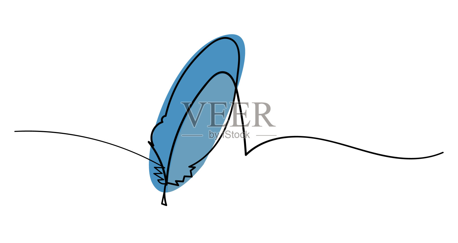 鸟的羽毛在连续单线绘制风格矢量插图。简单的元素与蓝色背景抽象装饰元素。签名的审美插画图片素材