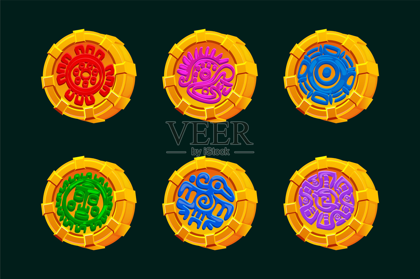 带有彩色玛雅或阿兹特克符号的金币。2D游戏或老虎机游戏的金色符号插画图片素材
