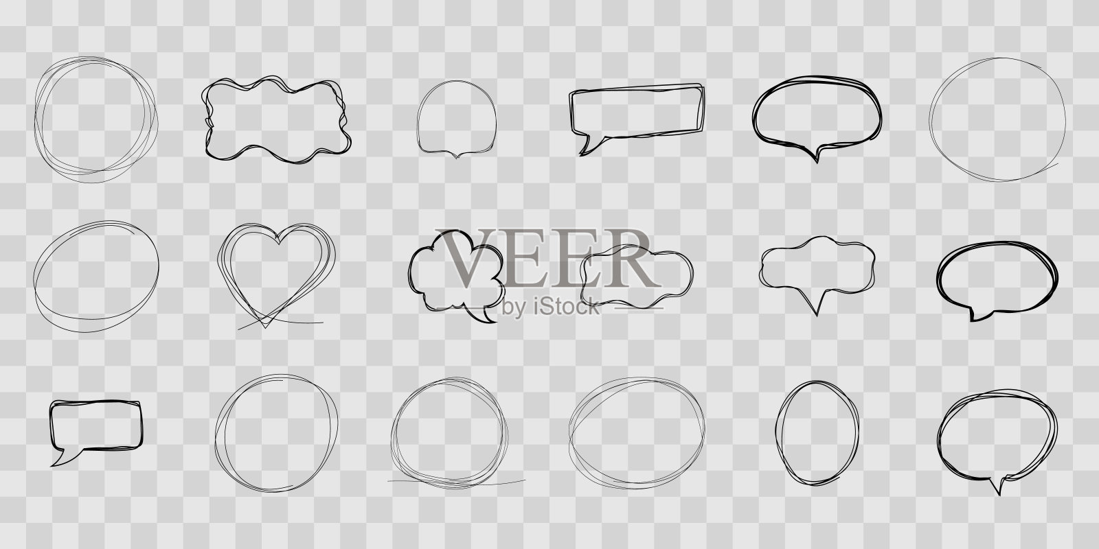 语音泡泡框涂鸦快速手绘，钢笔或记号笔绘制。漫画小品边框，高光。云，心，圈泡聊天，文字框。矢量图插画图片素材