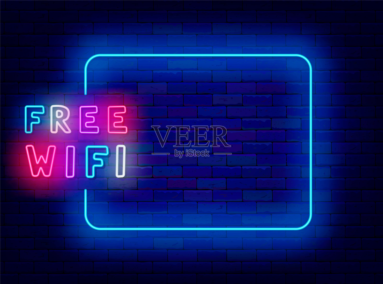 免费wifi霓虹灯横幅。互联网在线。空的蓝色框架和手写的彩色文字。矢量股票插图插画图片素材