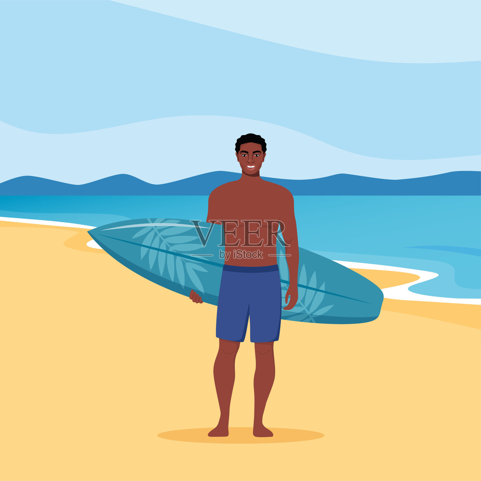 年轻的非裔美国人拿着冲浪板站在海滩上冲浪。微笑的冲浪者。矢量插图。插画图片素材