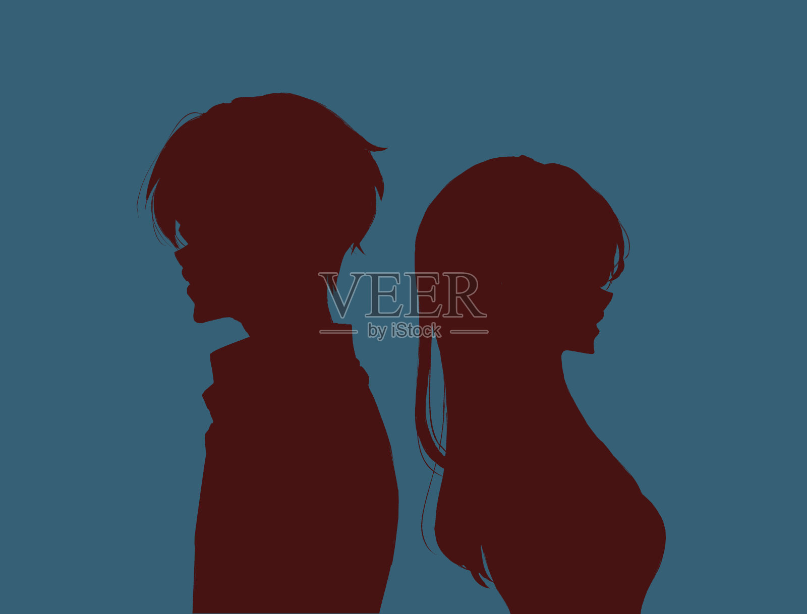 一个男人和一个女人背靠背站在一起，关系不好插画图片素材