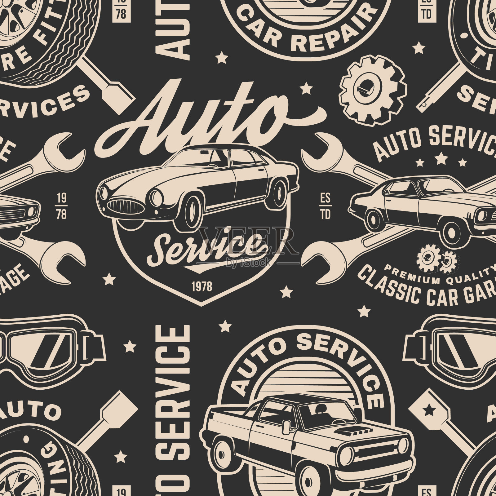 集汽车服务无缝图案或背景。向量。服务汽车维修、修复及汽车会所设计等元素。插画图片素材