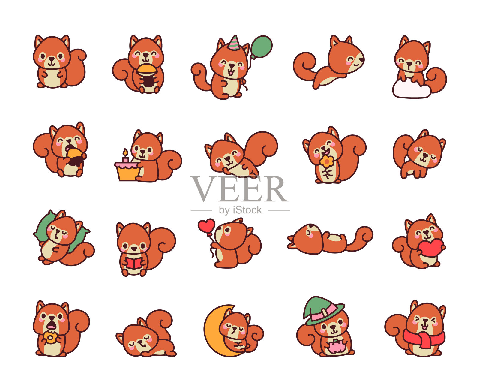 可爱的松鼠角色。有趣的森林动物。手绘风格。矢量图。设计元素的集合。插画图片素材