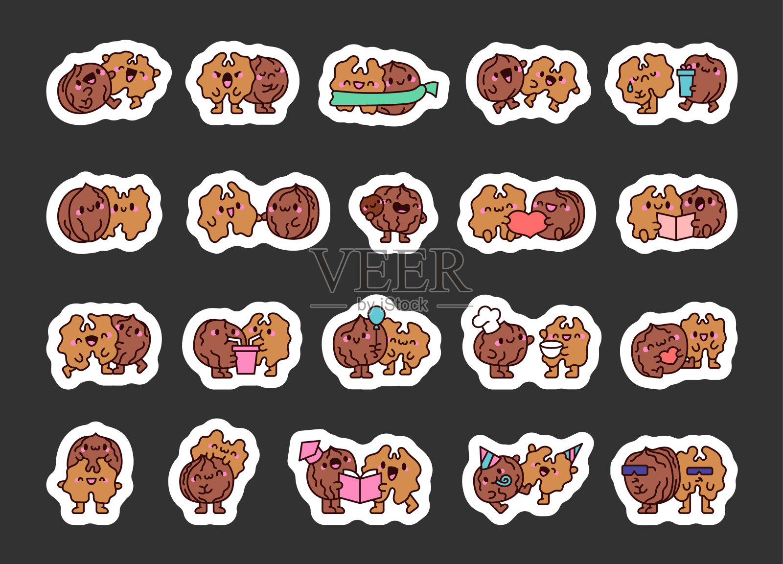 一对快乐的核桃。贴纸书签。有不同情绪的卡通人物。手绘风格。矢量图。设计元素的集合。插画图片素材