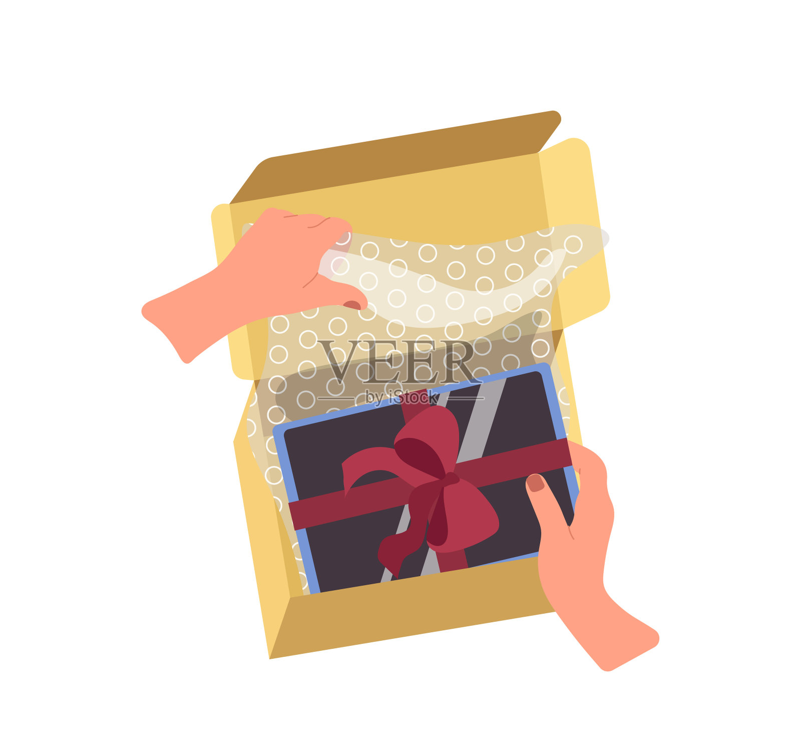 孤立的妇女手包装数码移动设备与气泡包装薄膜安全交付插画图片素材