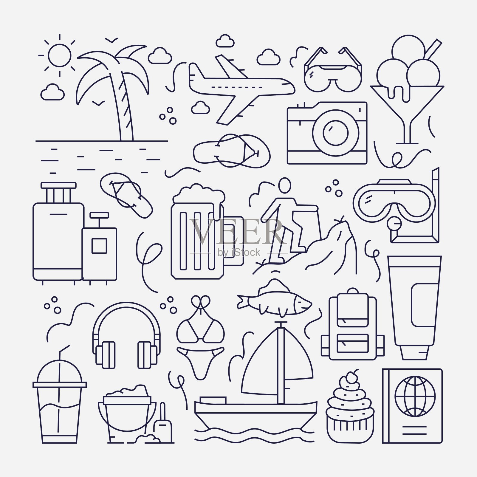 夏季和海滩线性图标-阳光旅游相机海滩插画插画图片素材
