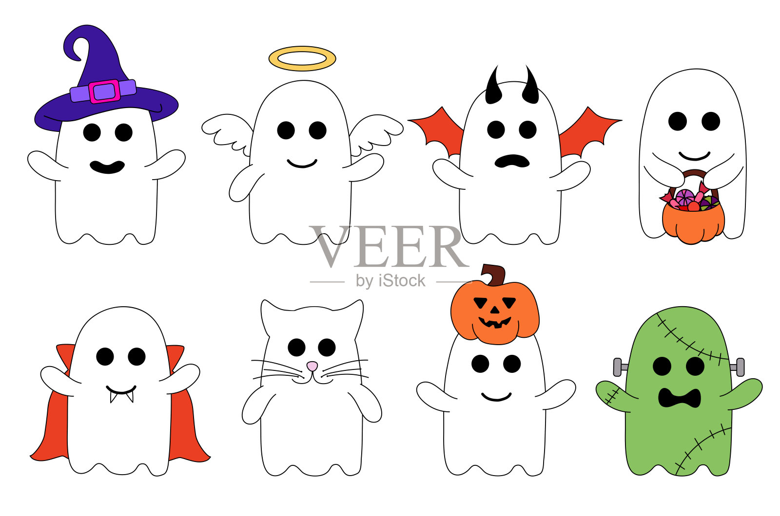 穿着戏服的可爱的万圣节鬼魂。假日卡通人物。矢量平面插图。插画图片素材