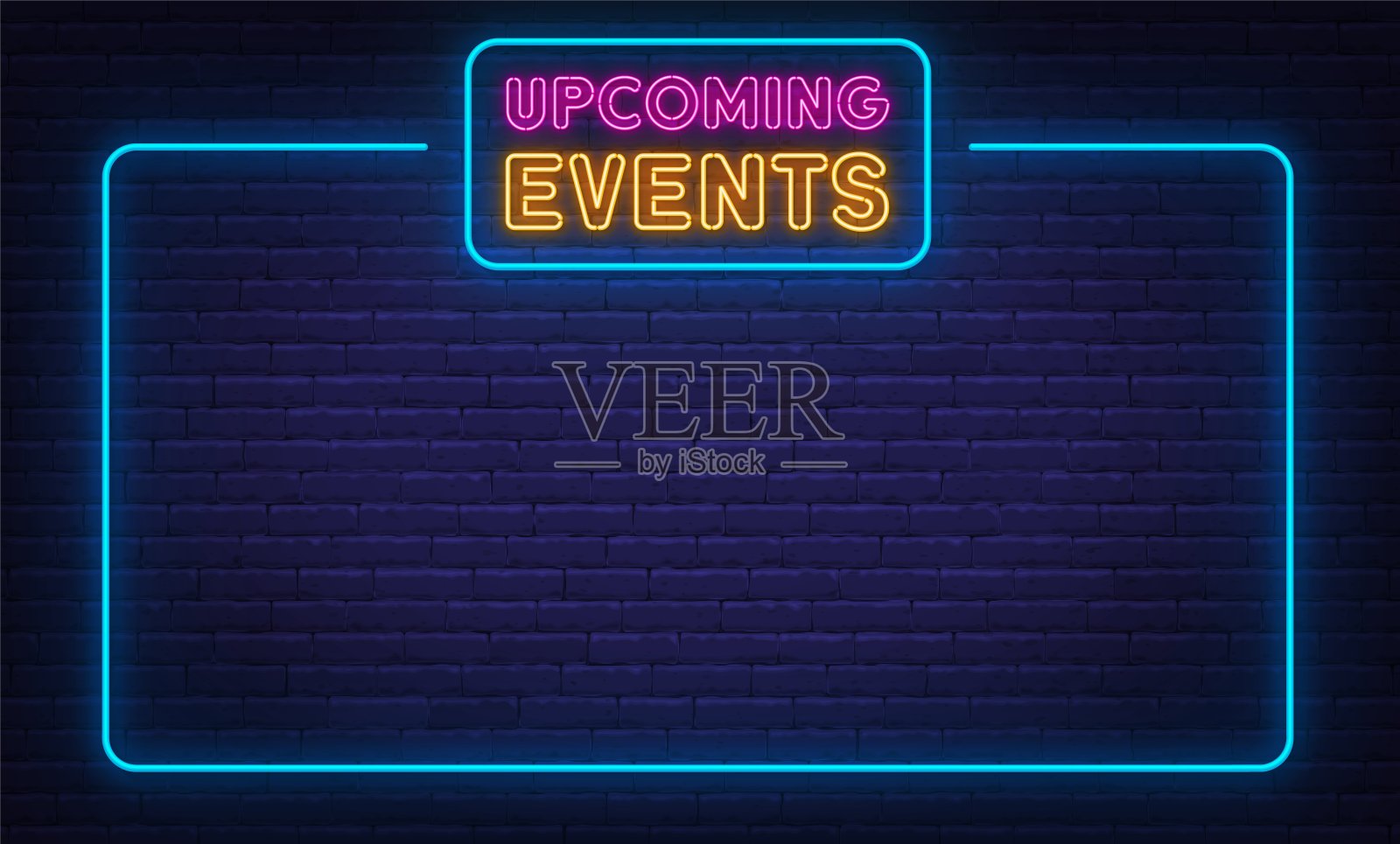 即将到来的事件霓虹灯标志模板在砖墙背景框架。插画图片素材