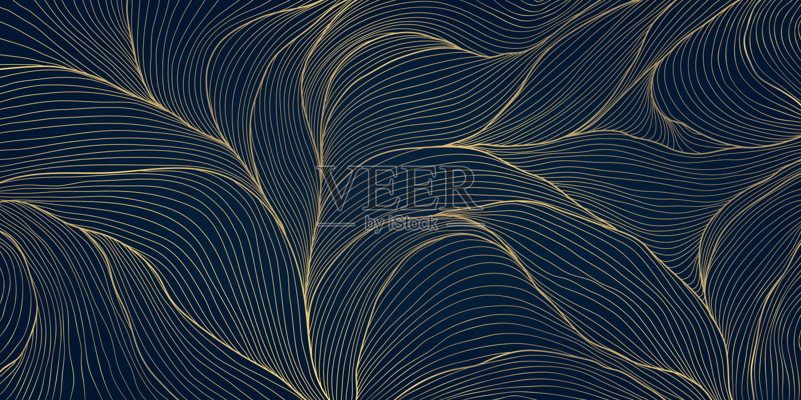 矢量金叶子花卉设计，花园波浪形背景，装饰艺术花式图案。线条植物抽象自然壁纸，叶面纹理。插画图片素材