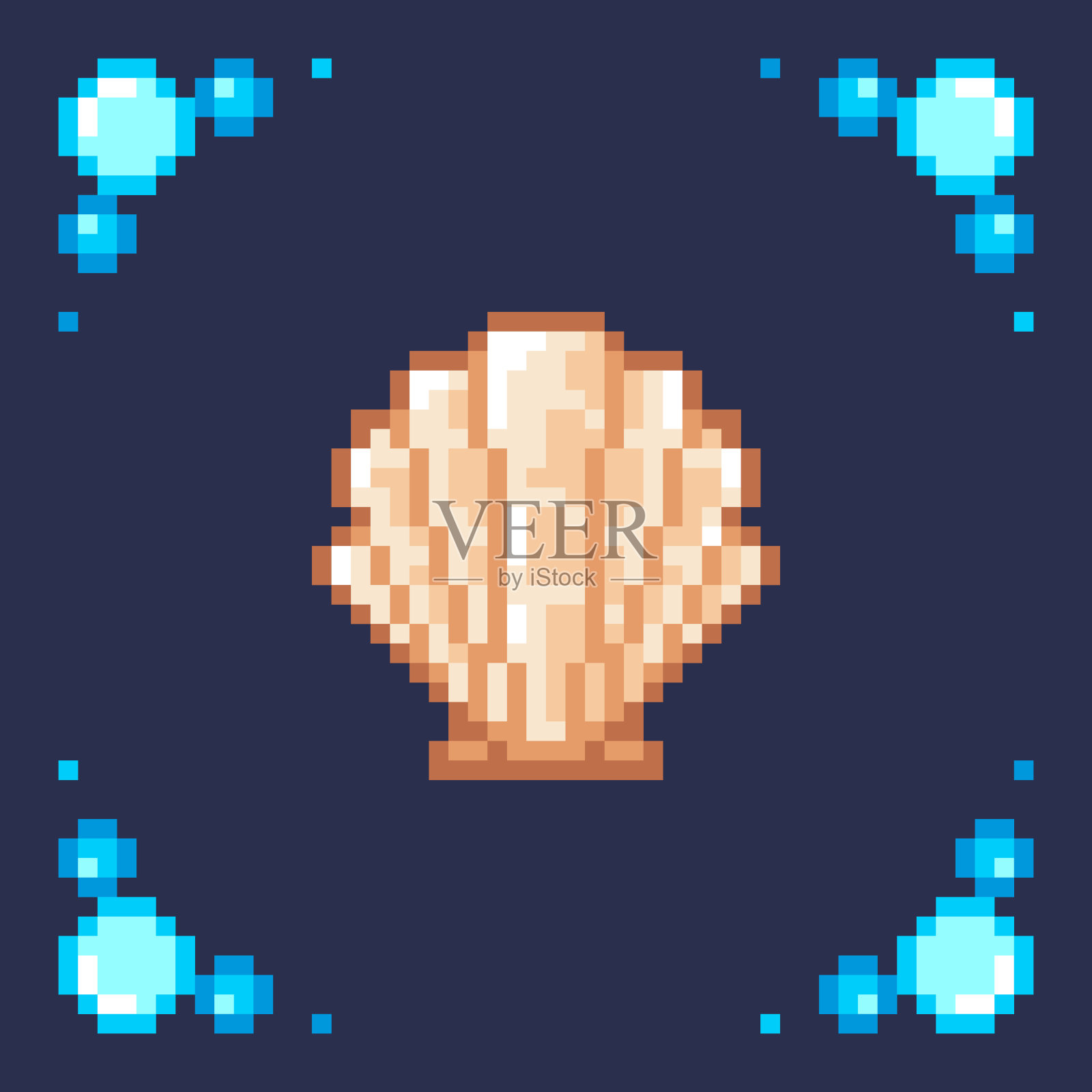 框架中贝壳的像素艺术图标:用于创建带有钓鱼和制作元素的8位2d游戏的游戏资产。插画图片素材