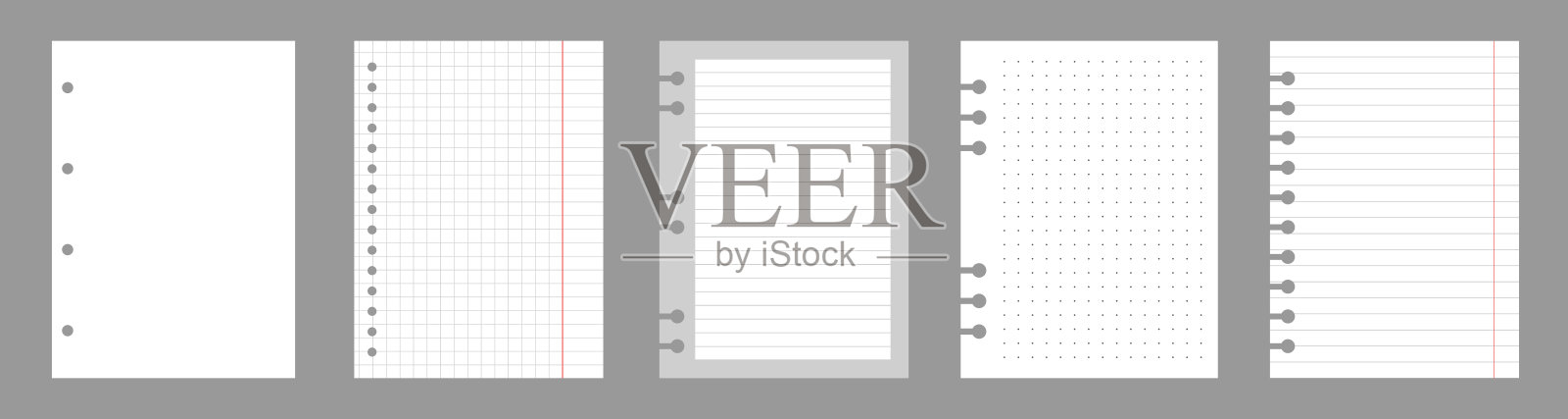 在灰色背景上隔离的一套笔记本纸。现实的白色空白的方格，线条和点纸。不同于日记的竖页。向量模板插画图片素材