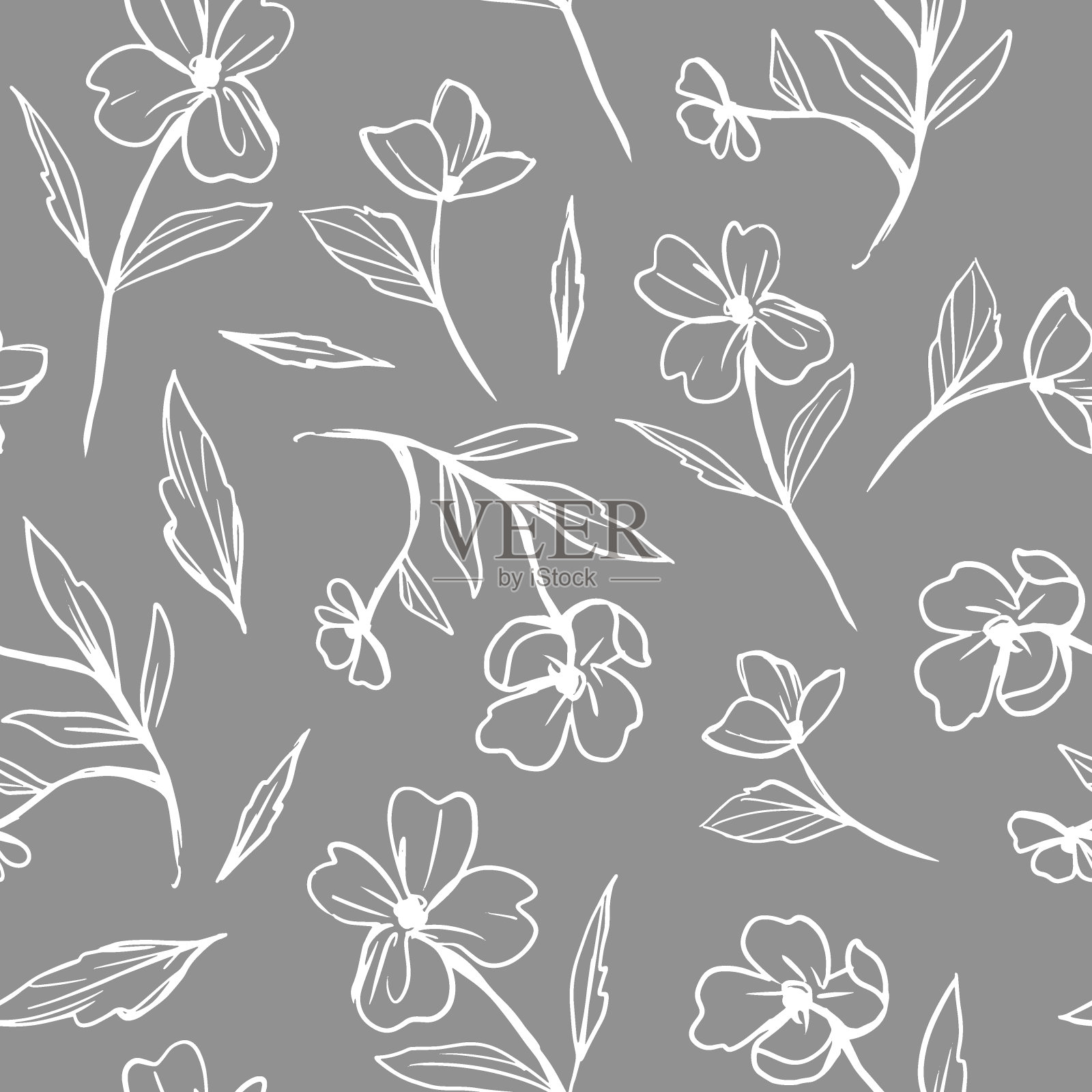 花卉无缝图案，单色素描，手绘矢量插画图片素材