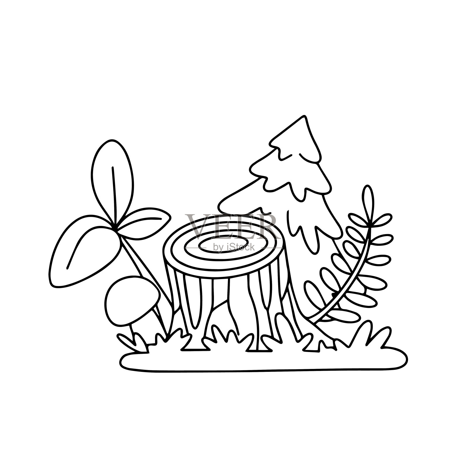 树桩、草地和蘑菇轮廓矢量图：儿童填色页插画图片素材