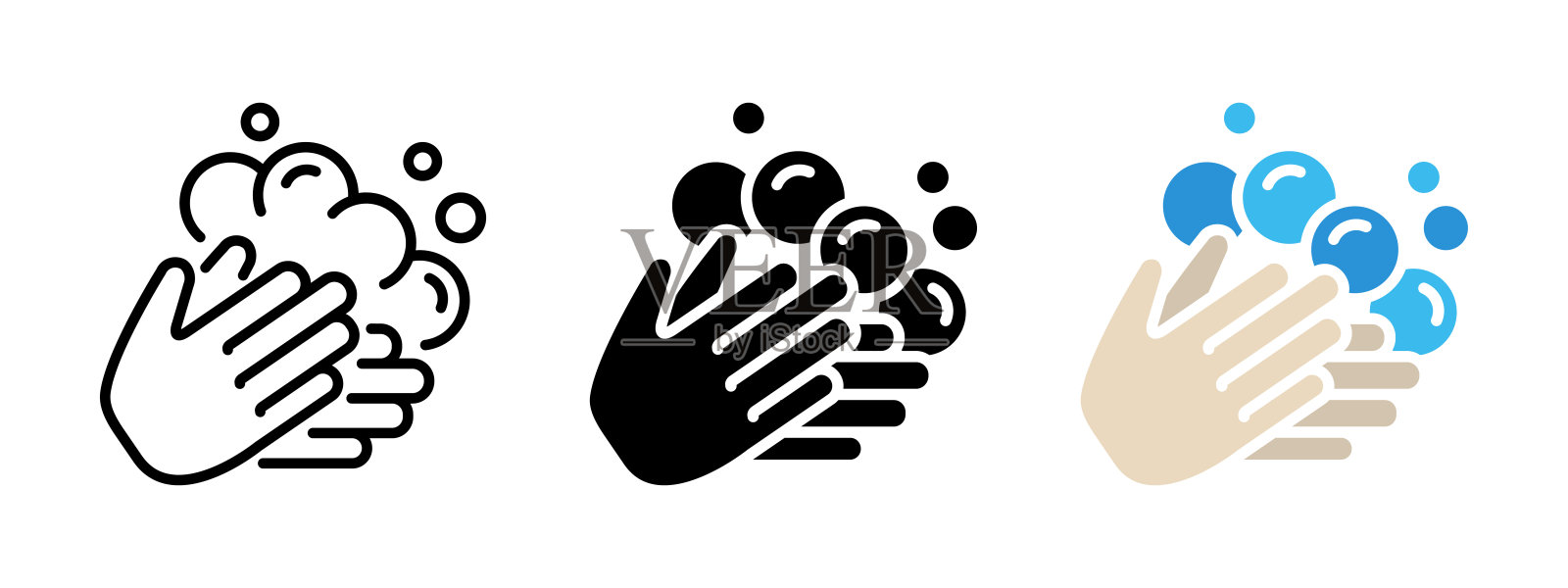 用泡沫洗手图标。洗手与肥皂泡矢量插图。个人卫生标志。抗菌防腐预防标志。卫生防护象形图。清洁手掌概念。插画图片素材